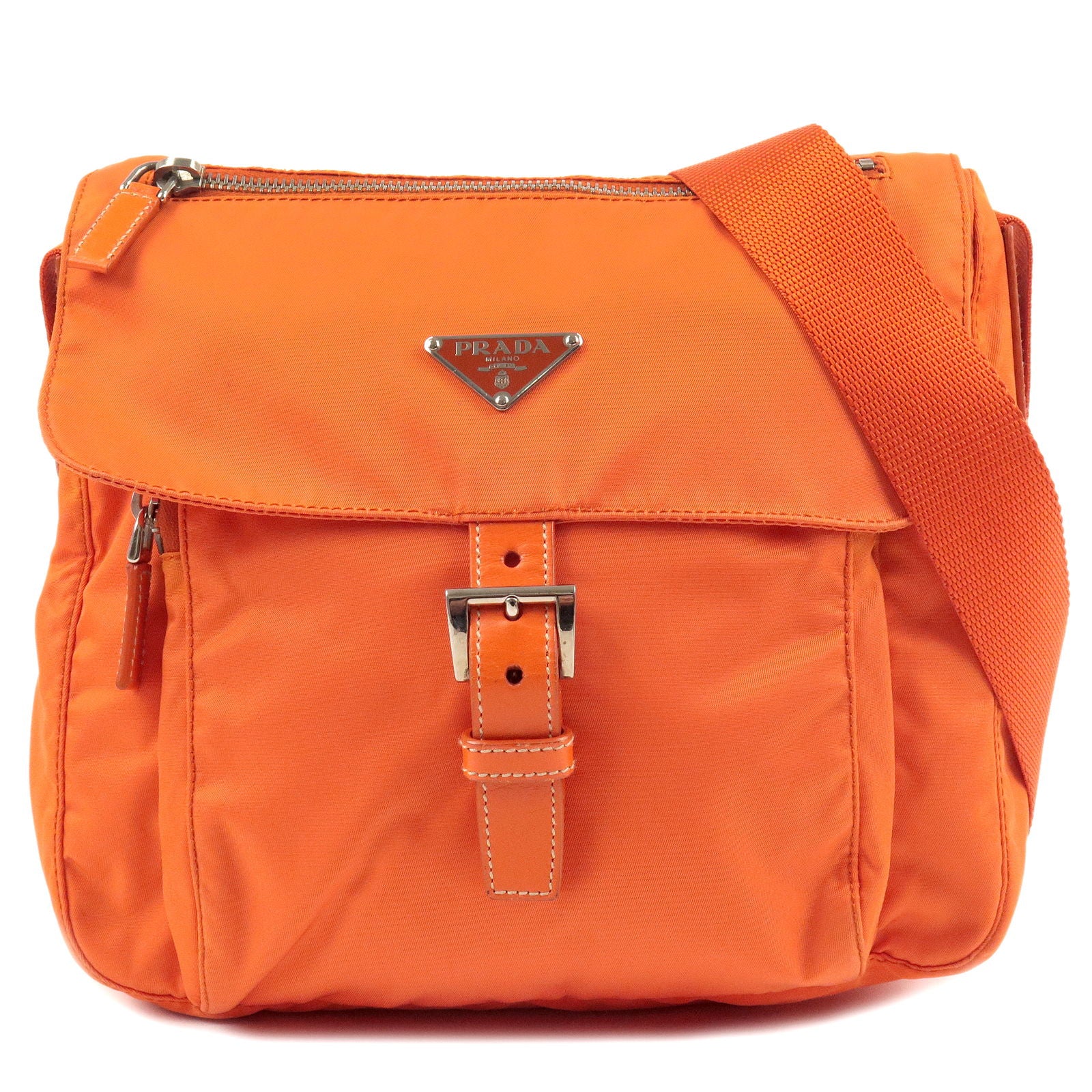 PRADA-Logo-Nylon-Leather-Shoulder-Bag-Orange-B8994