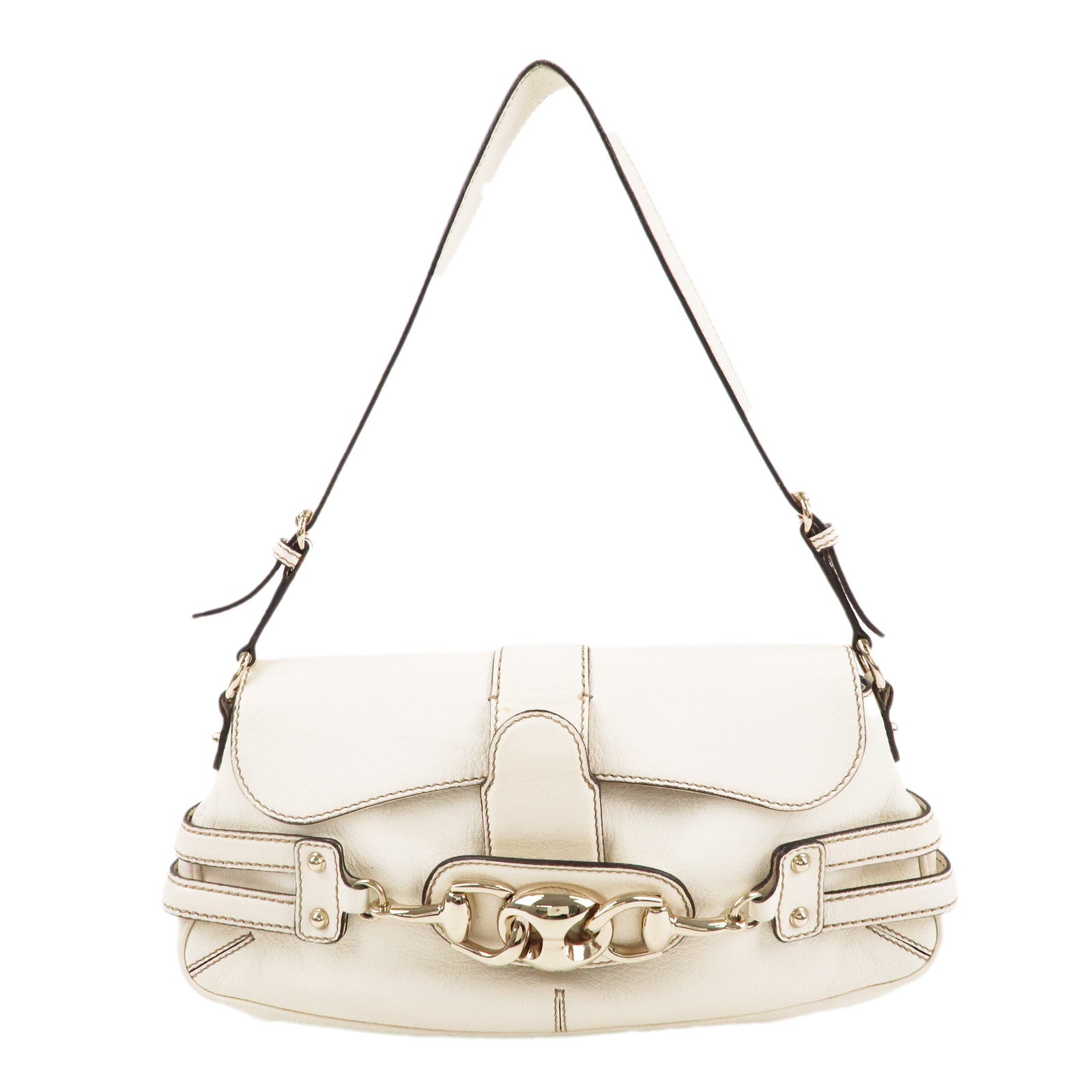 GUCCI-Horsebit-GG-Leather-Shoulder-Bag-Hand-Bag-White-159402