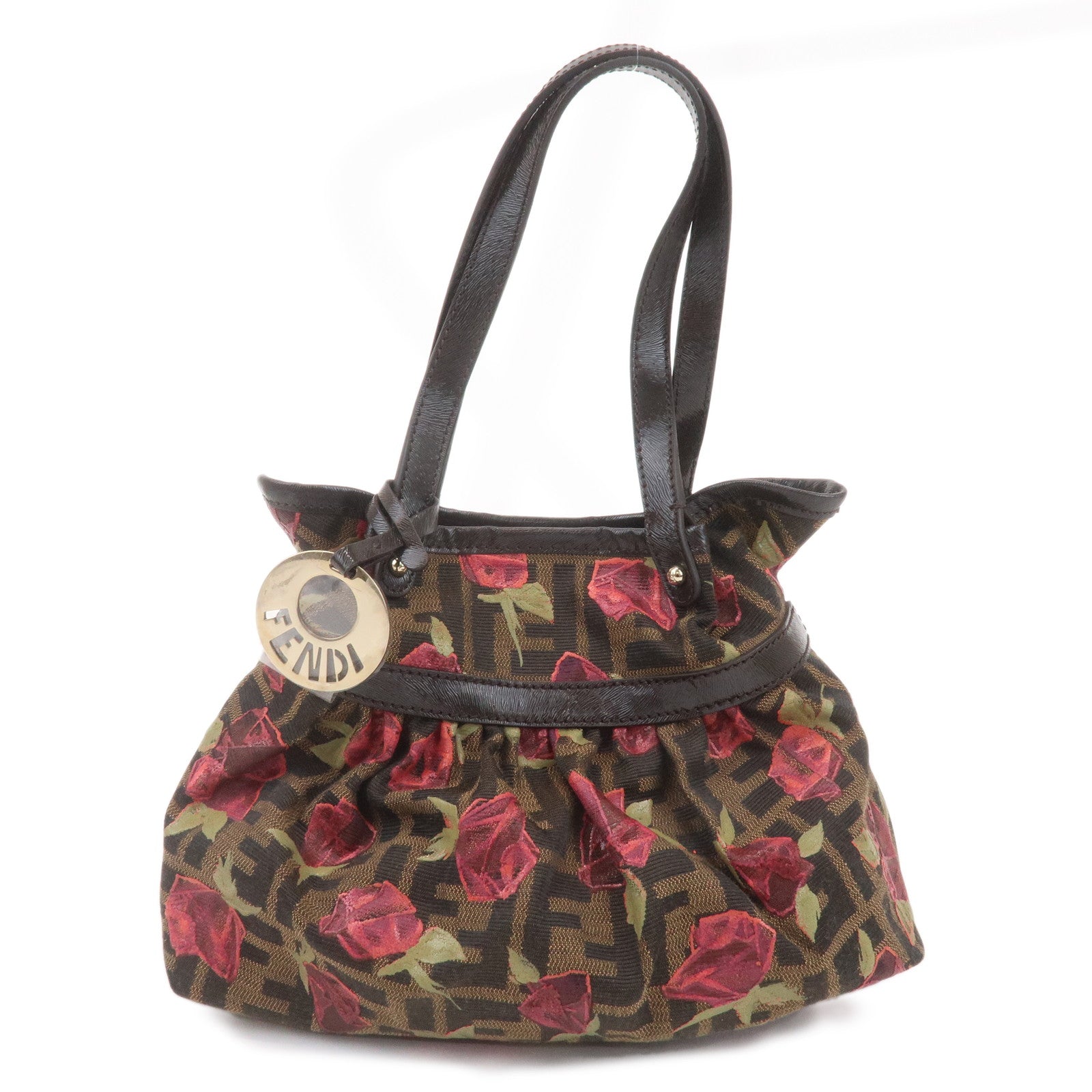 FENDI-Zucca-Canvas-Leather-Rose-Print-Hand-Bag-Brown-Black-8BH212