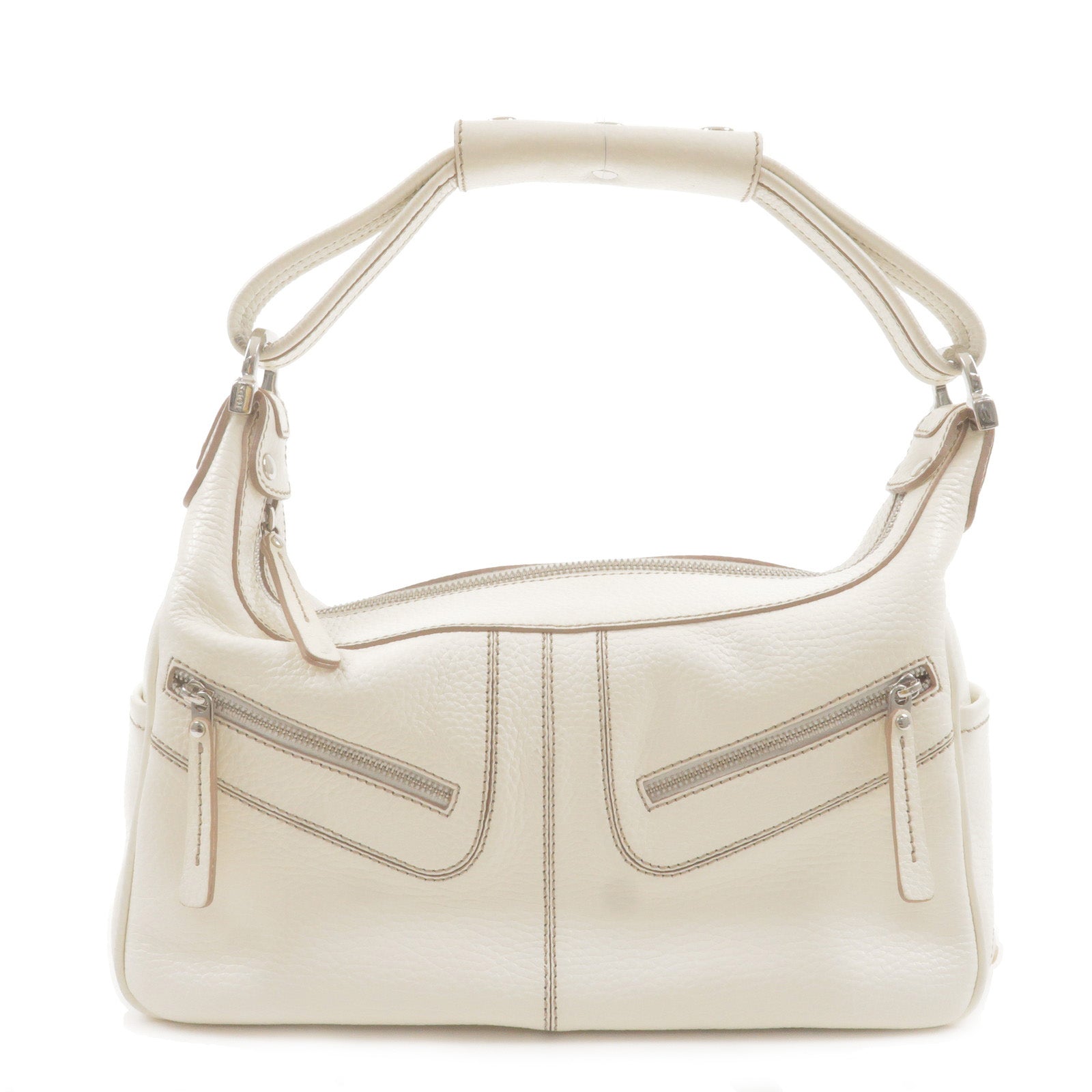 TOD'S-Leather-Shoulder-Hand-Bag-White-Silver-Hardware