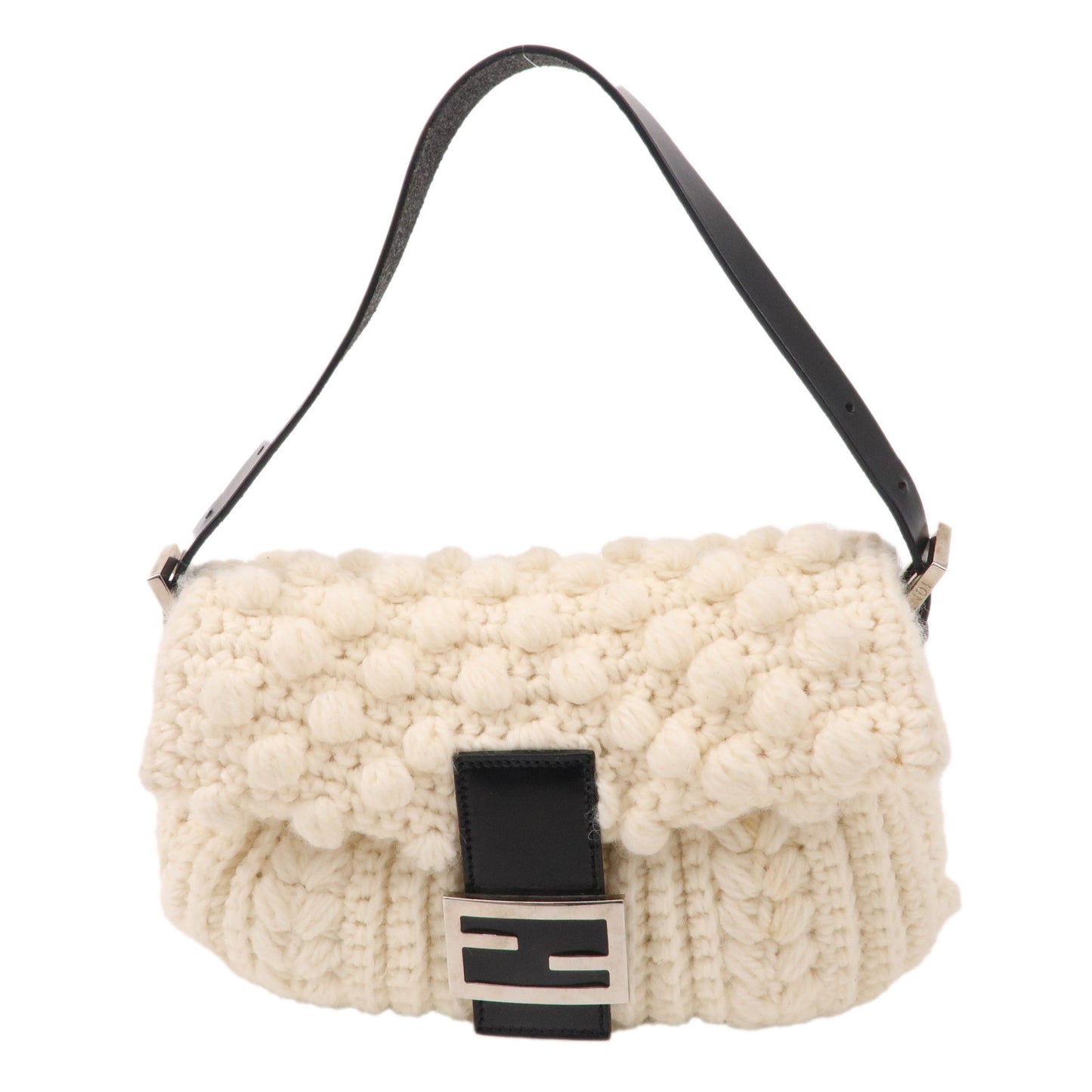 FENDI Mamma Baguette Knit Leather Shoulder Bag White Black 16059