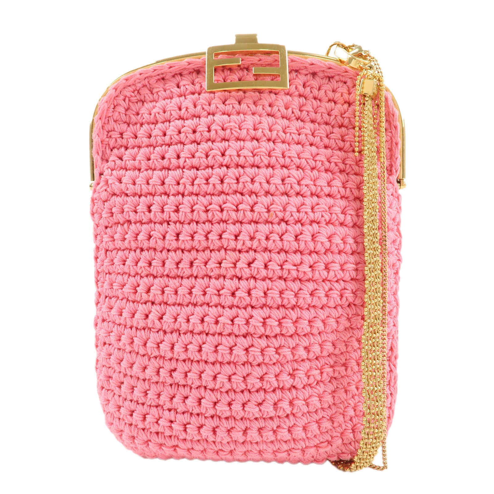 FENDI-Baguette-Knit-Cell-Phone-Case-Shoulder-Bag-Pink-7AR966