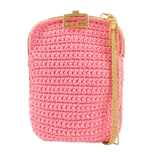FENDI-Baguette-Knit-Cell-Phone-Case-Shoulder-Bag-Pink-7AR966