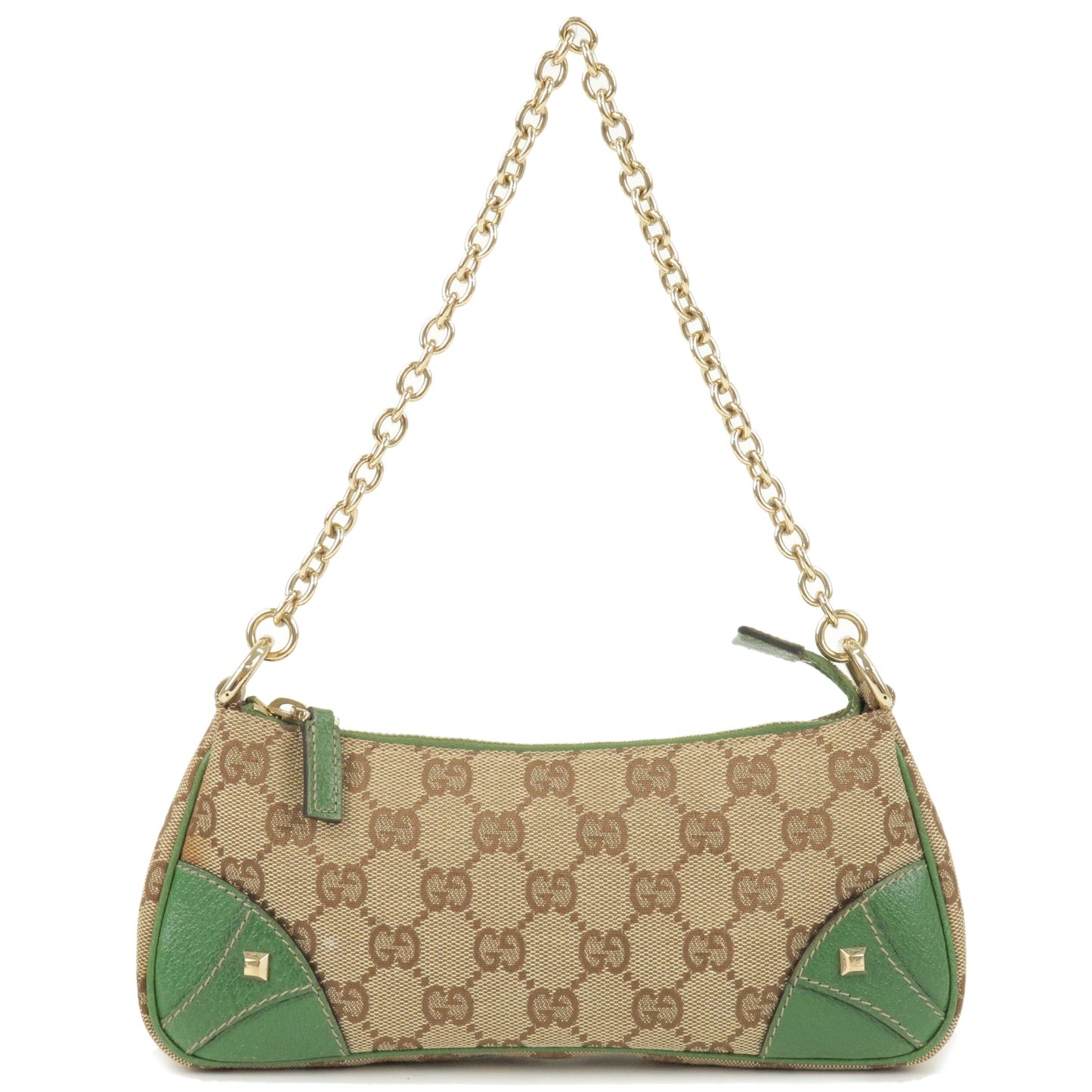 GUCCI-GG-Canvas-Leather-Studs-Chain-Shoulder-Bag-Green-120940