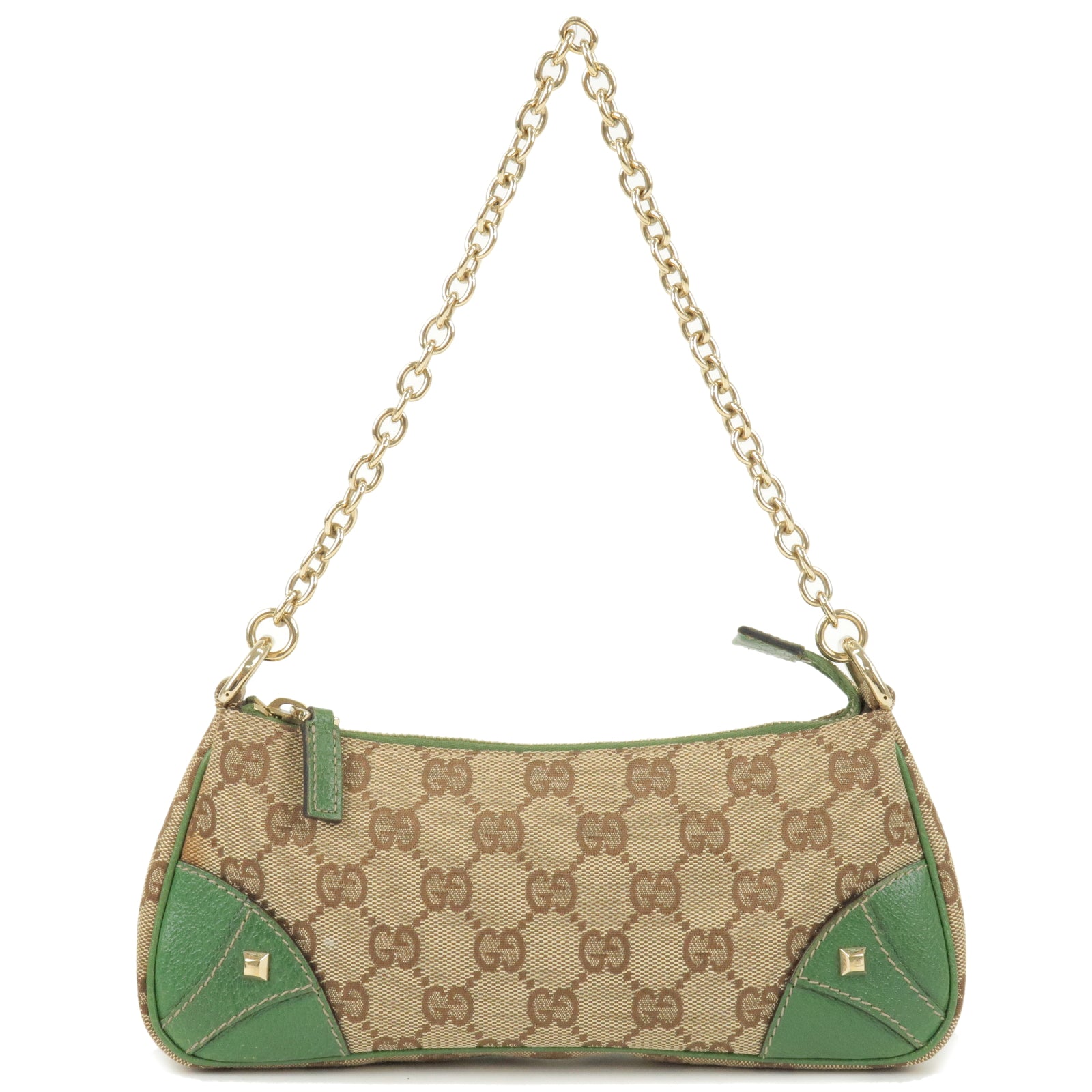 GUCCI-GG-Canvas-Leather-Studs-Chain-Shoulder-Bag-Green-120940