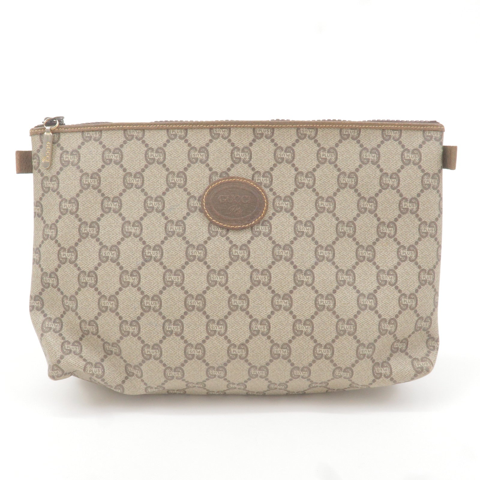 GUCCI Old Gucci GG Plus Leather Clutch Bag Pouch Beige Brown dct