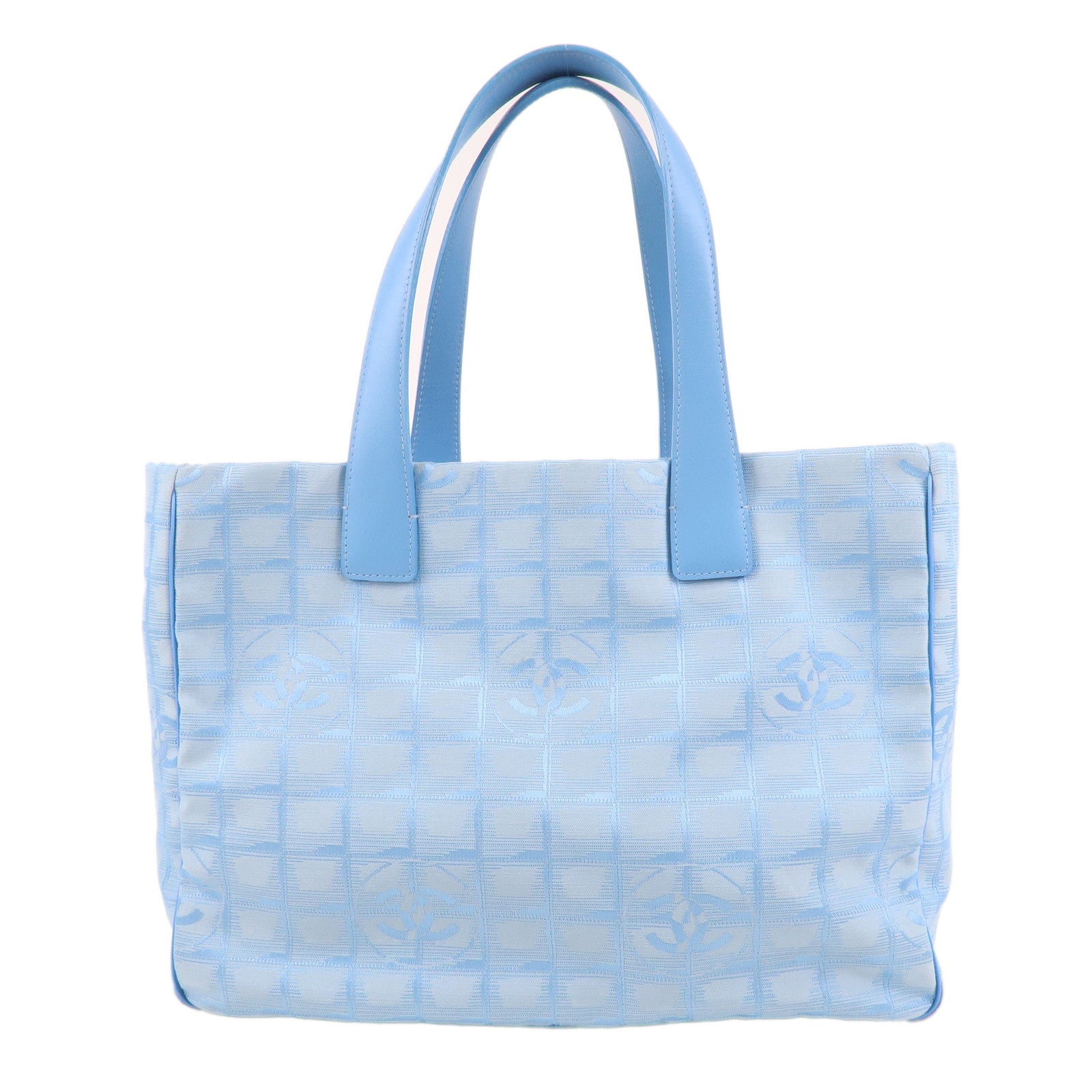 CHANEL New Travel Line MM Nylon Jacquard Leather Tote Light Blue