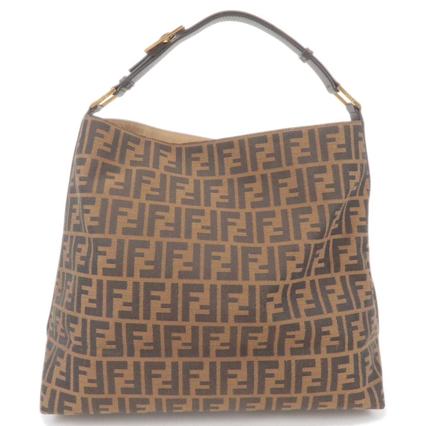 FENDI-Zucca-Canvas-Leather-Shoulder-Bag-Brown-Black-8BR653