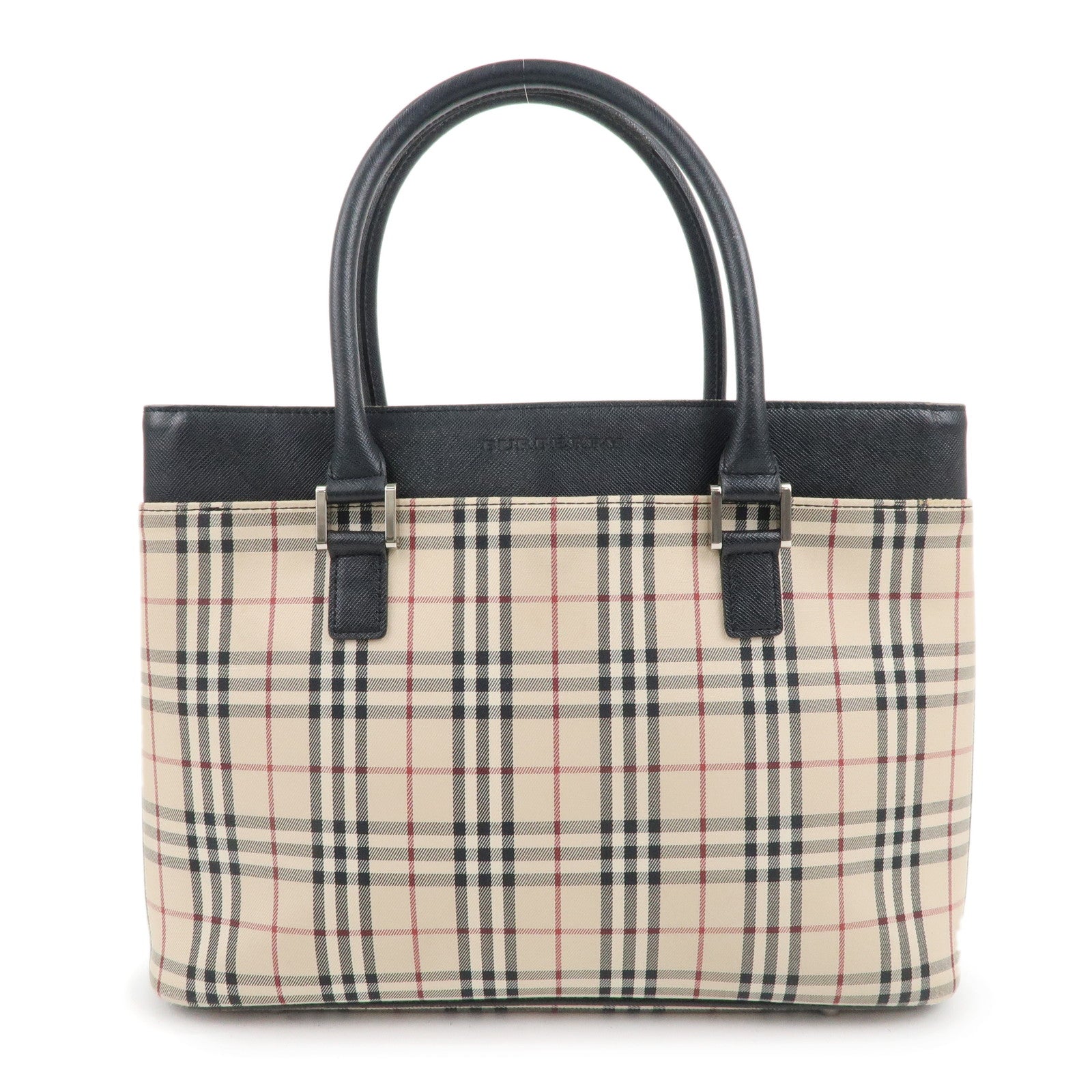 BURBERRY-Nova-Plaid-Canvas-Leather-Hand-Bag-Beige-Brown