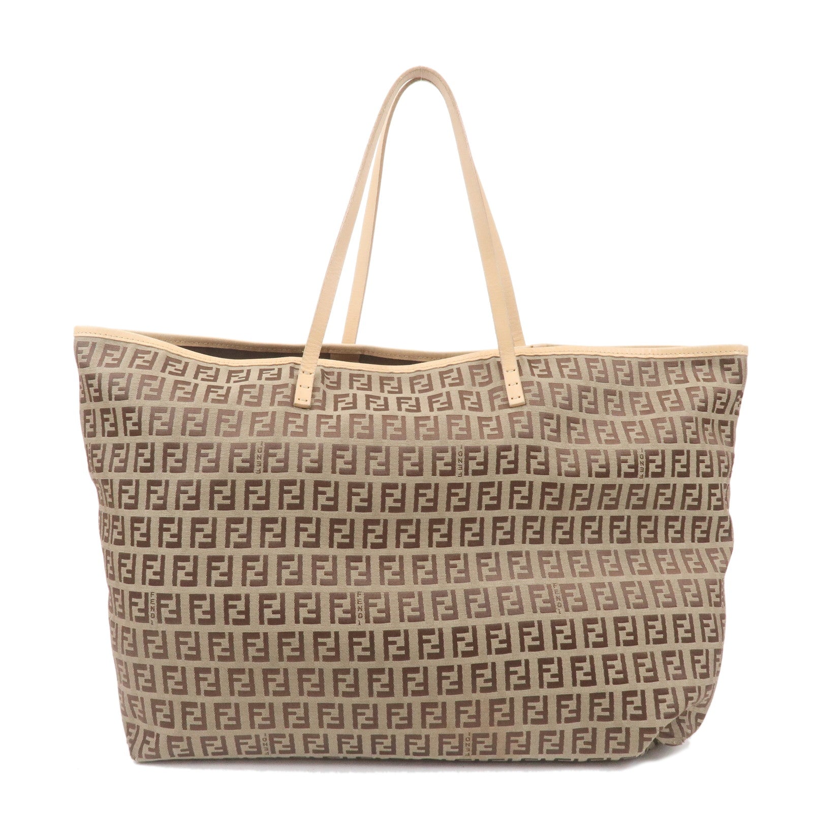 FENDI-Zucchino-Canvas-Leather-Tote-Bag-Beige-Brown-8BH005