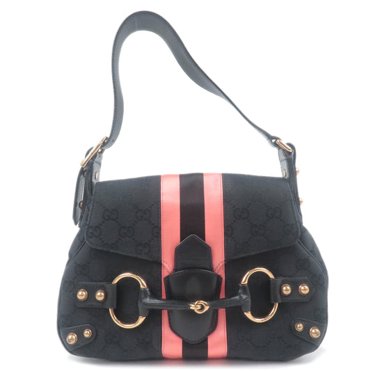 GUCCI-Horsebit-GG-Canvas-Leather-Shoulder-Bag-Black-Pink-129699