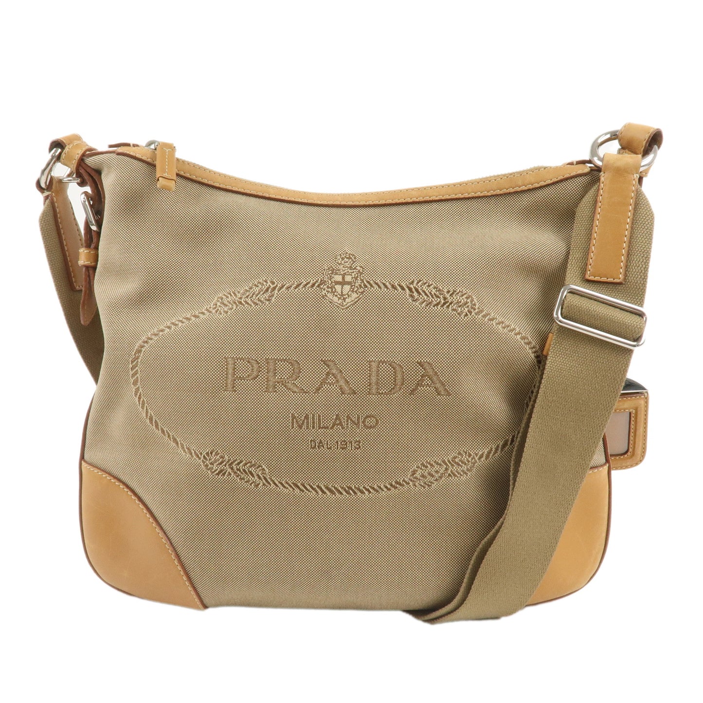 PRADA Logo Jaquard Leather Shoulder Bag Beige Brown