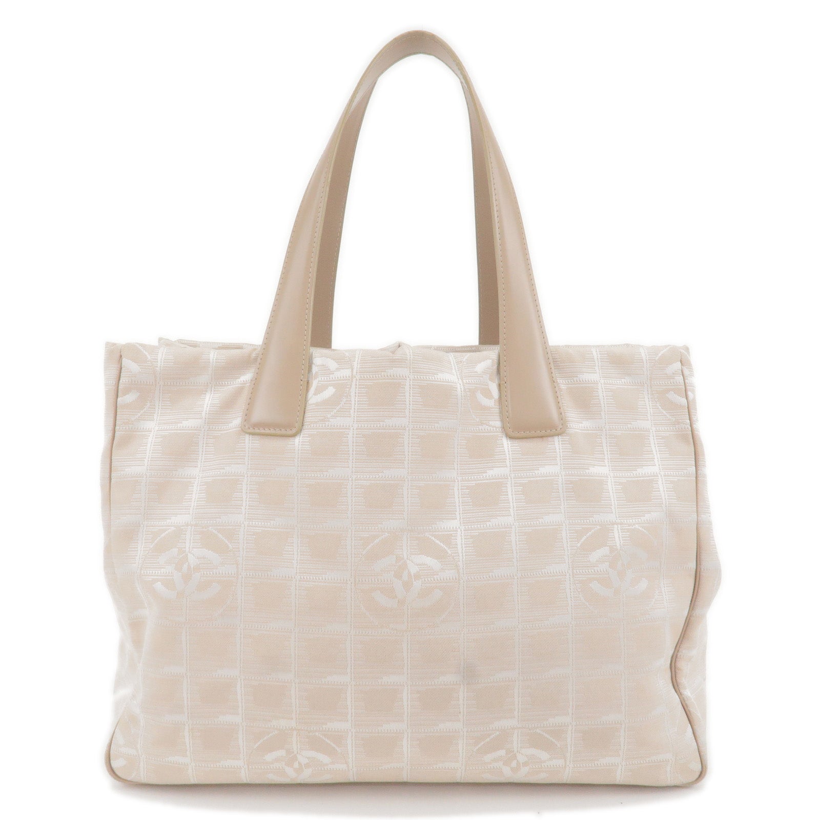 CHANEL-Travel-Line-Nylon-Jacquard-Leather-Tote-Bag-Beige-A15991