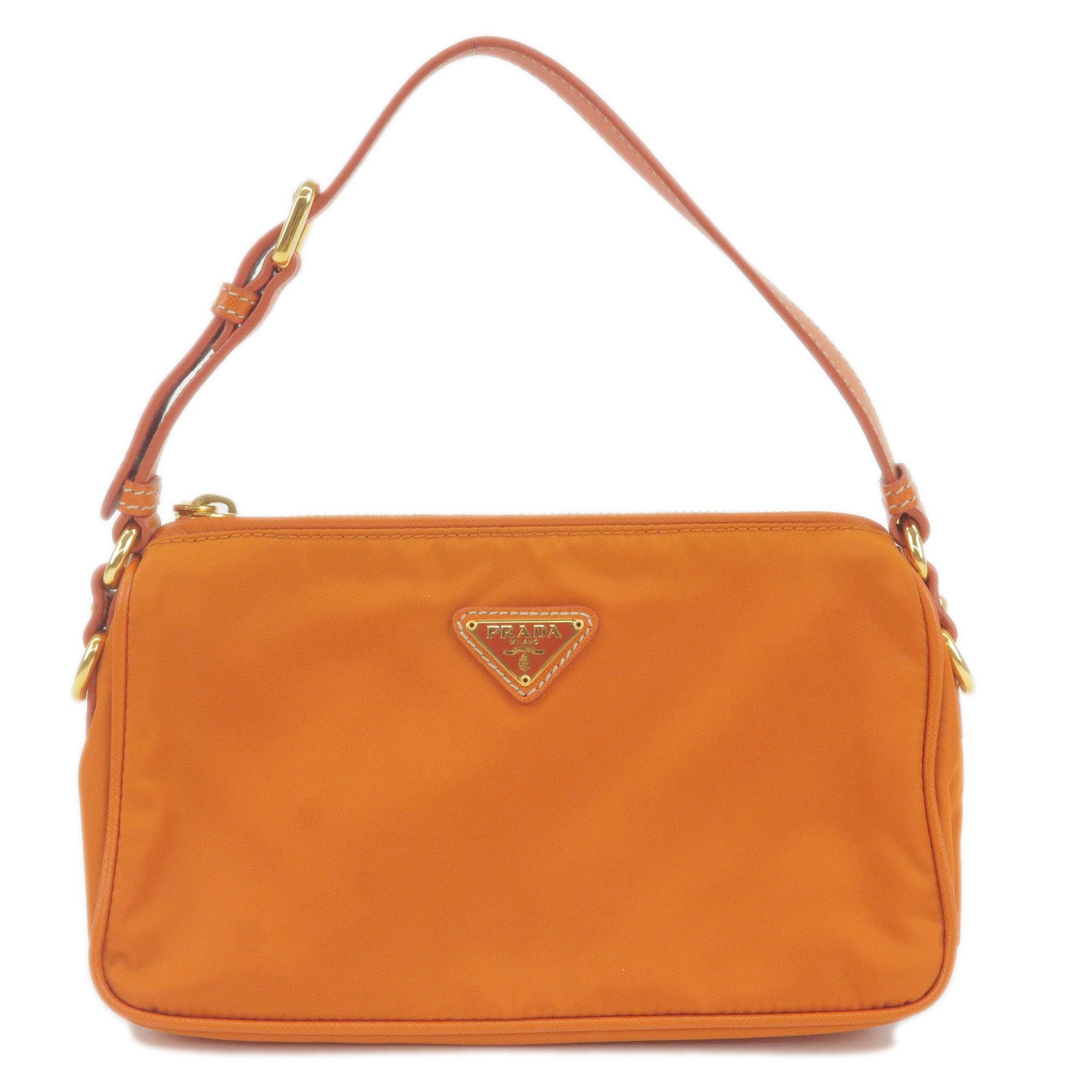 PRADA-Logo-Nylon-Leather-Shoulder-Bag-Pouch-Orange-BN1833