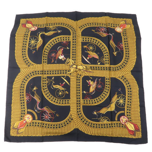 HERMES-Scarf-Silk-Carre-90-VOITURES-PANIERS-Black-Gold