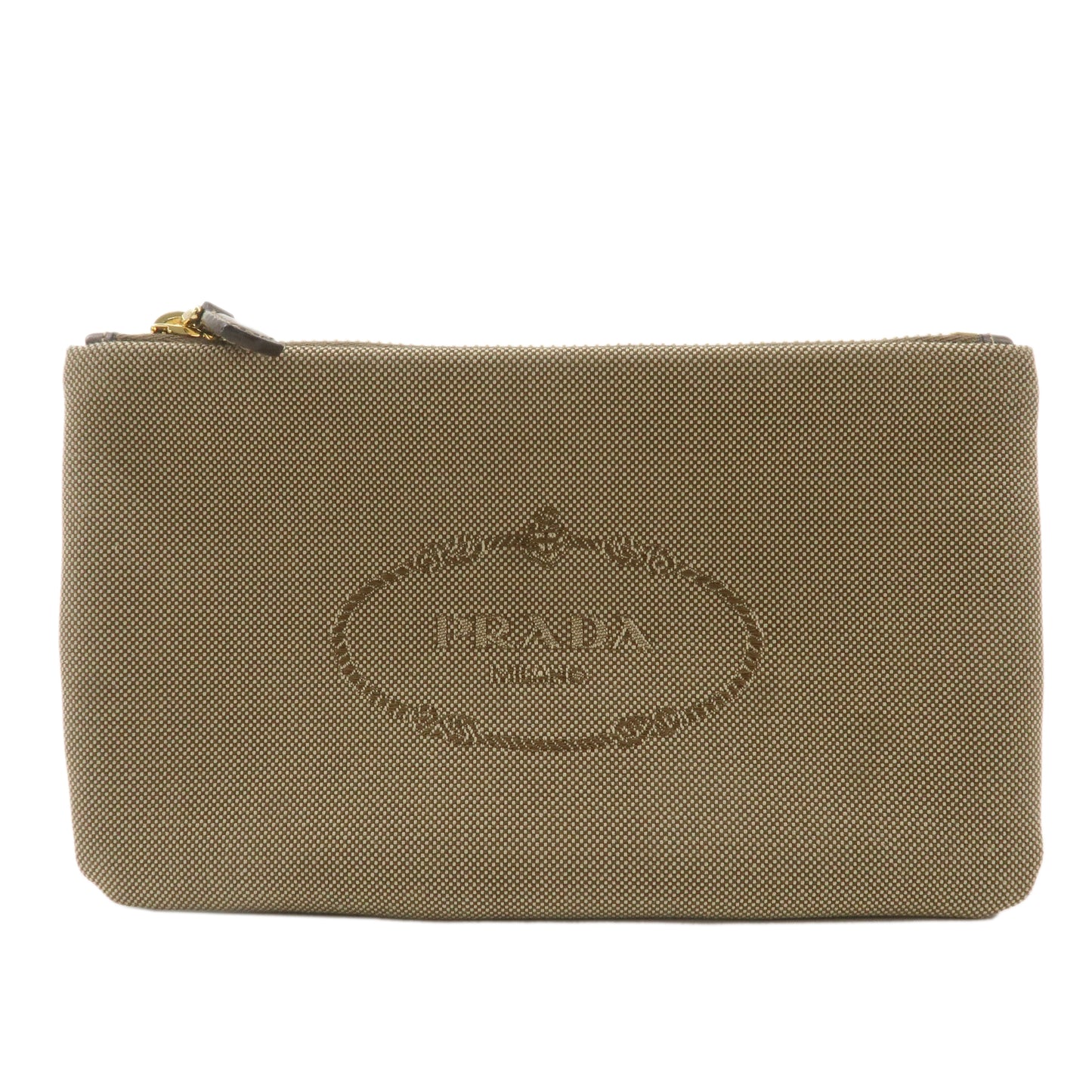 PRADA Logo Jaguard Leather Pouch Cosmetic Pouch Beige Brown
