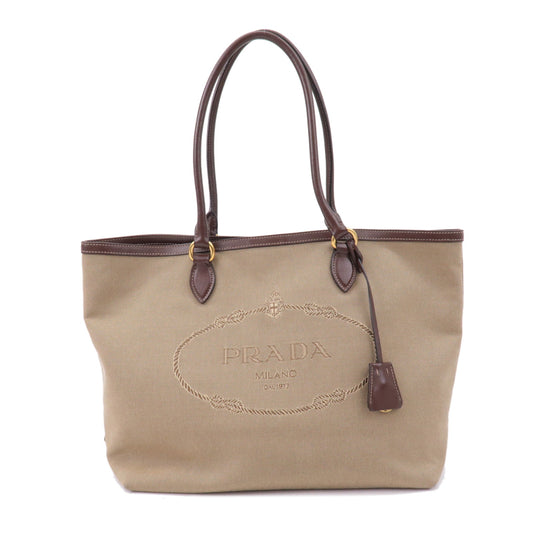 PRADA-Logo-Jacquard-Leather-Tote-Bag-Beige-Brown-1BG158