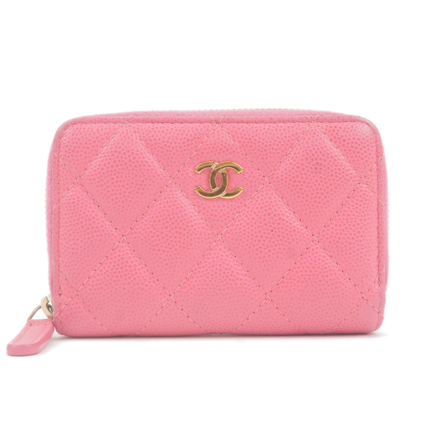 CHANEL-Matelasse-Caviar-Skin-Round-Zipper-Coin-Case-Pink-A69271