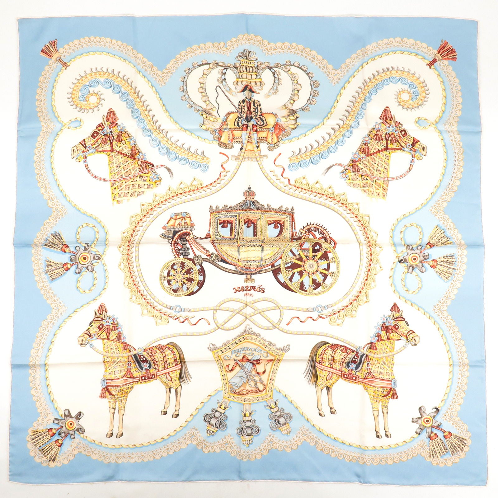 HERMES-Carre-90-Silk-100%-Scarf-PAPEROLES-Horse-Print-White – dct 