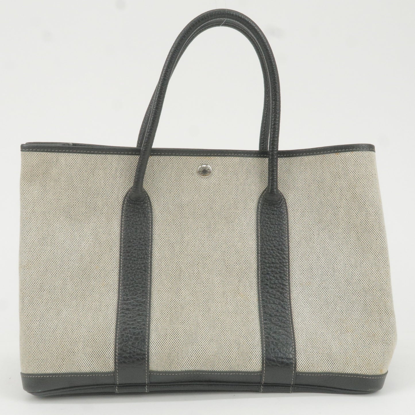 HERMES Canvas Leather Garden Party PM Tote Bag Ecru Gray