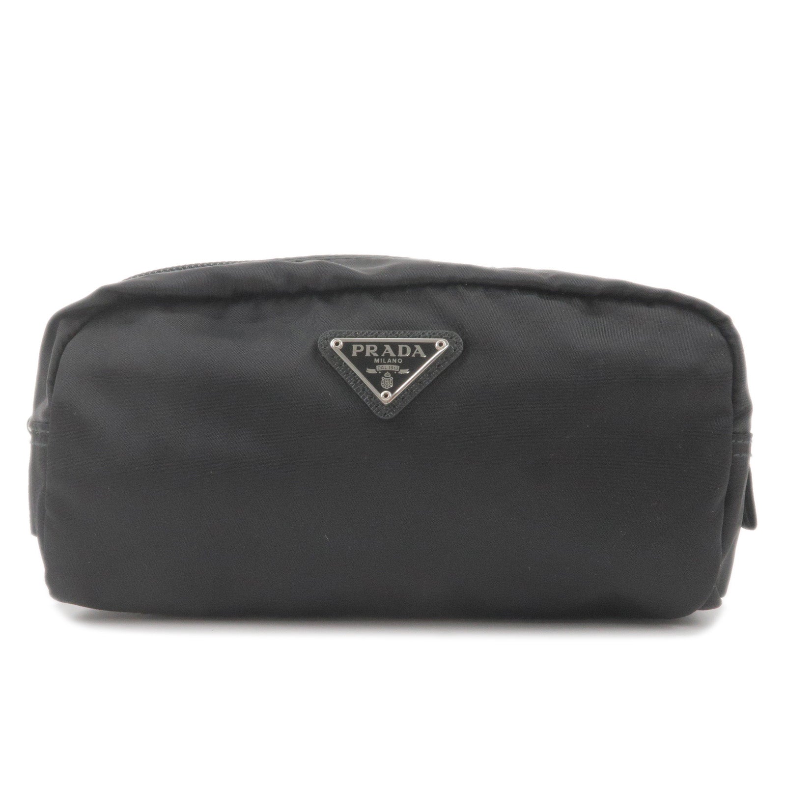 PRADA-Logo-Nylon-Leather-Pouch-Clutch-Bag-NERO-Black-1NA350