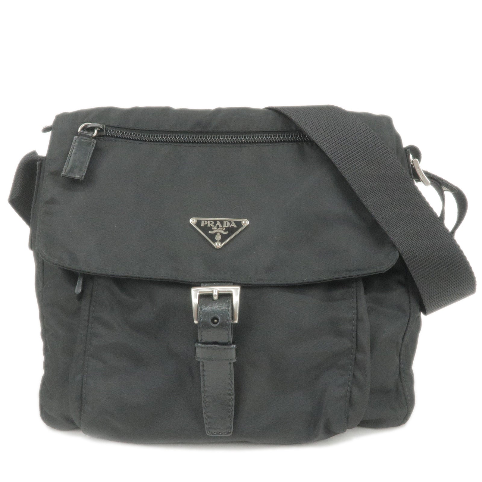 PRADA-Logo-Nylon-Leather-Shoulder-Bag-Purse-Bag-NERO-Black