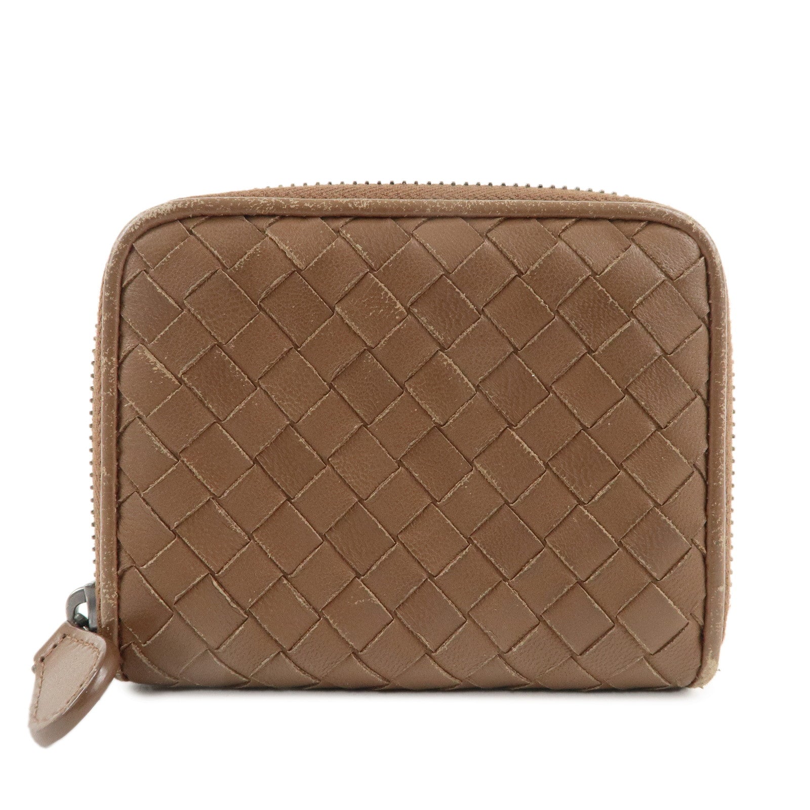 BOTTEGA VENETA Intrecciato Leather Round Zipper Coin Case Brown