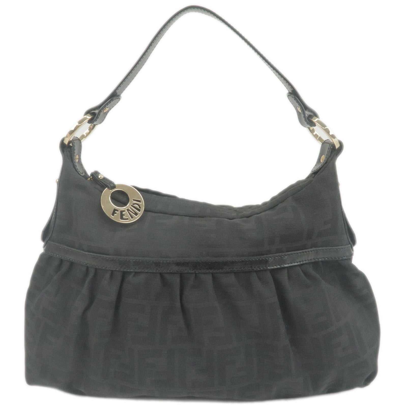 FENDI-Zucca-Canvas-Leather-Shoulder-Bag-Hand-Bag-Black-15079