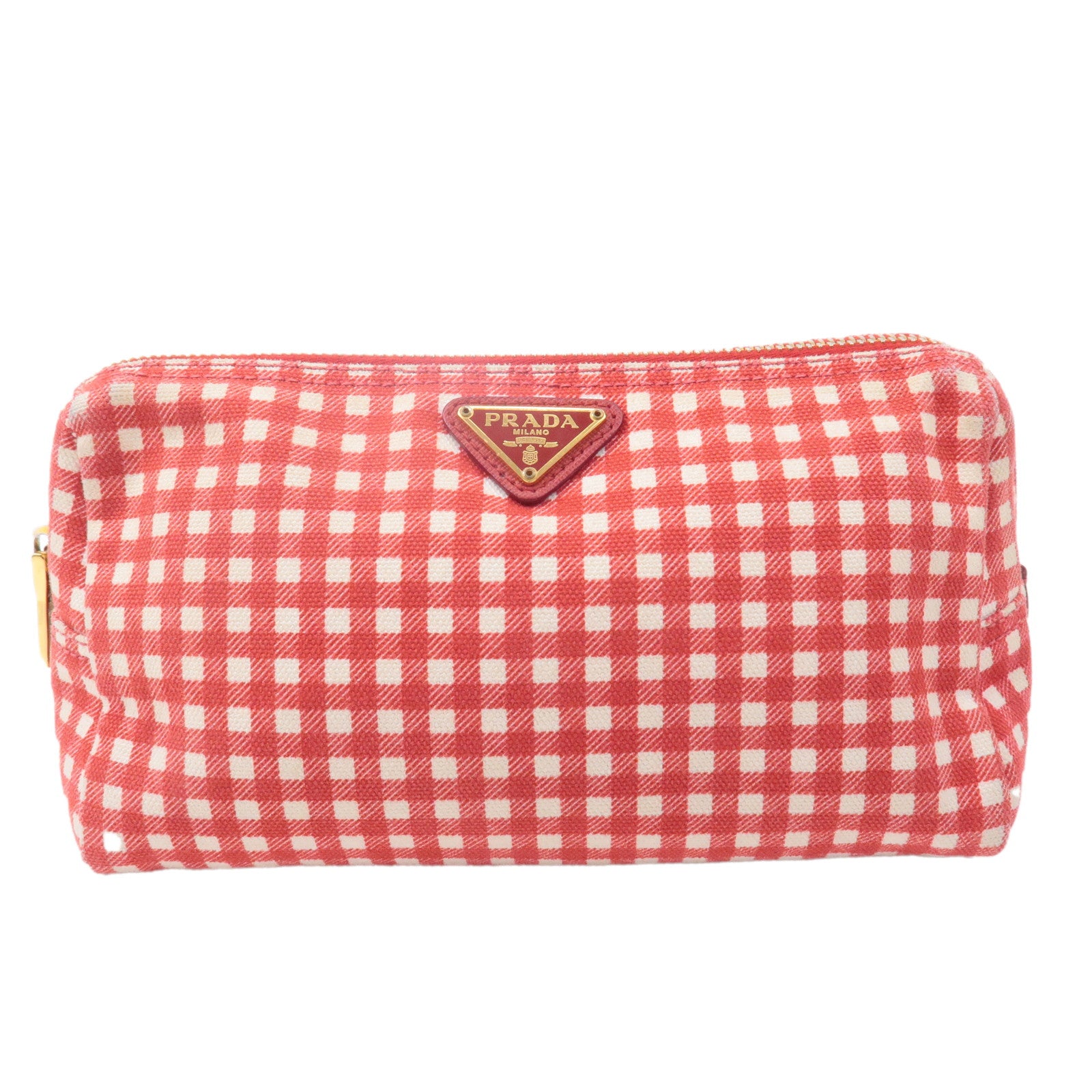 PRADA-Logo-Canvas-Leather-Checkered-Pouch-Red-1NA693