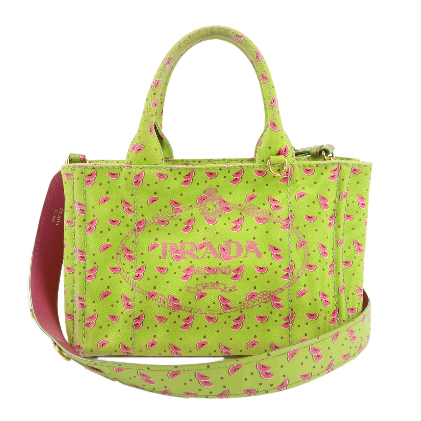 PRADA Logo Canapa Mini Canvas Leather 2Way Bag Green Pink 1BG439