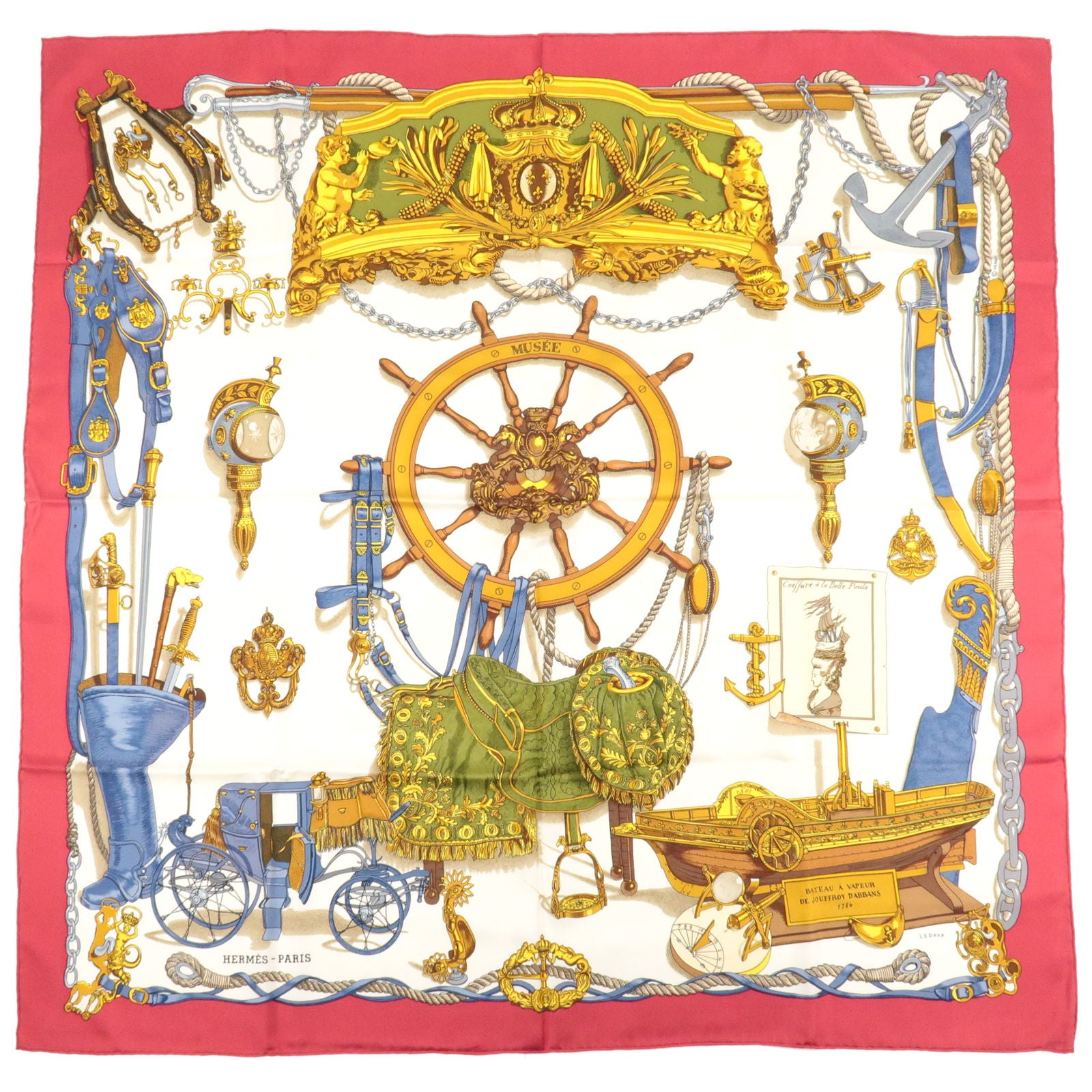 HERMES-Carre-90-MUSEE-Silk-100%-Scarf-Red-White-Gold