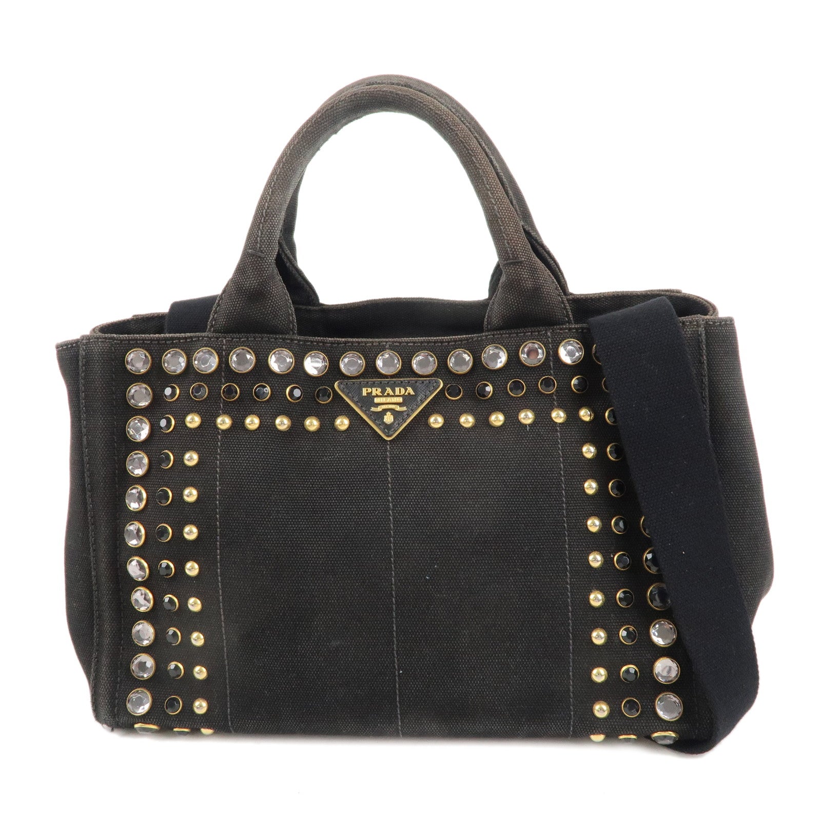 PRADA Logo Mini Canapa Canvas Studs 2Way Hand Shoulder Bag Black