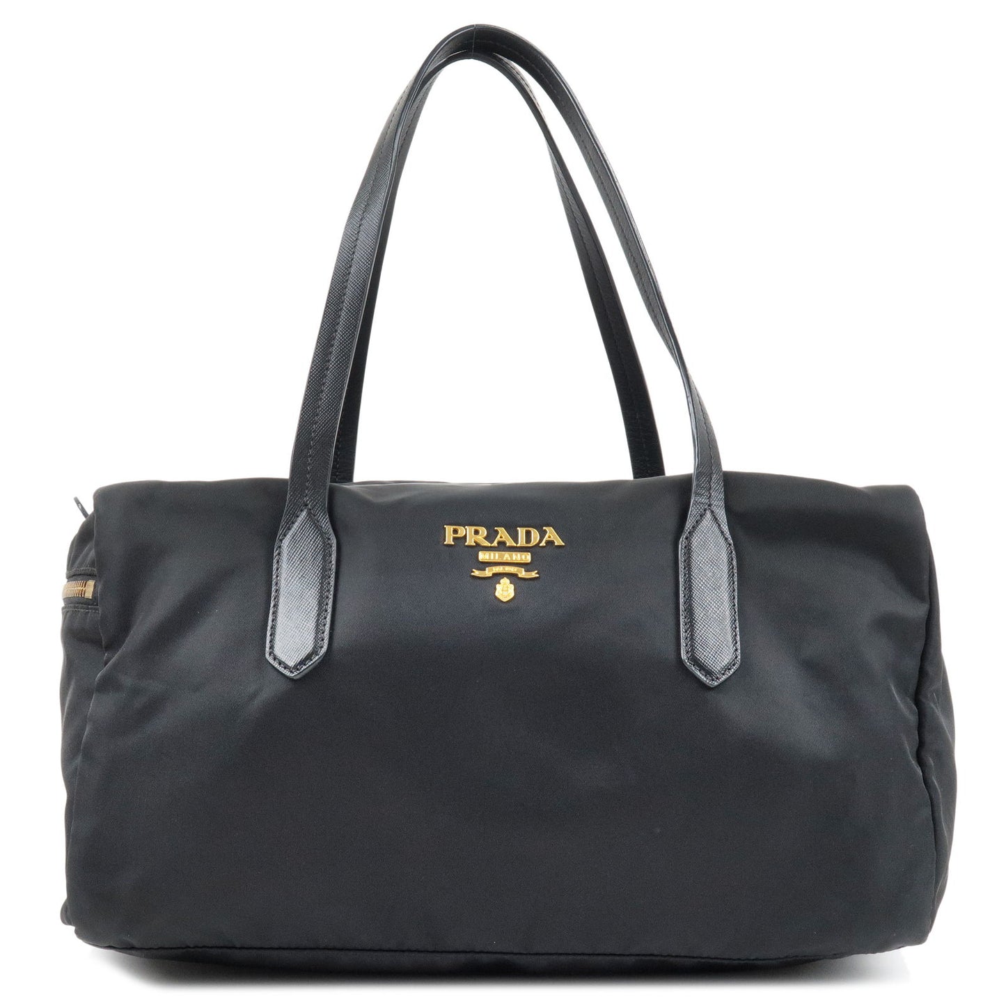 PRADA-Logo-Nylon-Leather-Boston-Bag-Hand-Bag-Black-BL0567