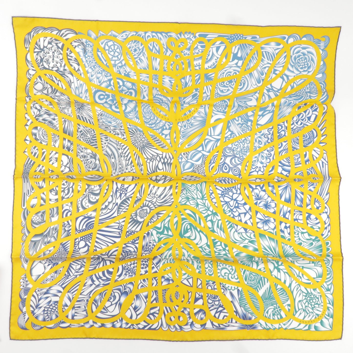 HERMES Carre 90 100% Silk Scarf Lonely Dream Yellow Navy