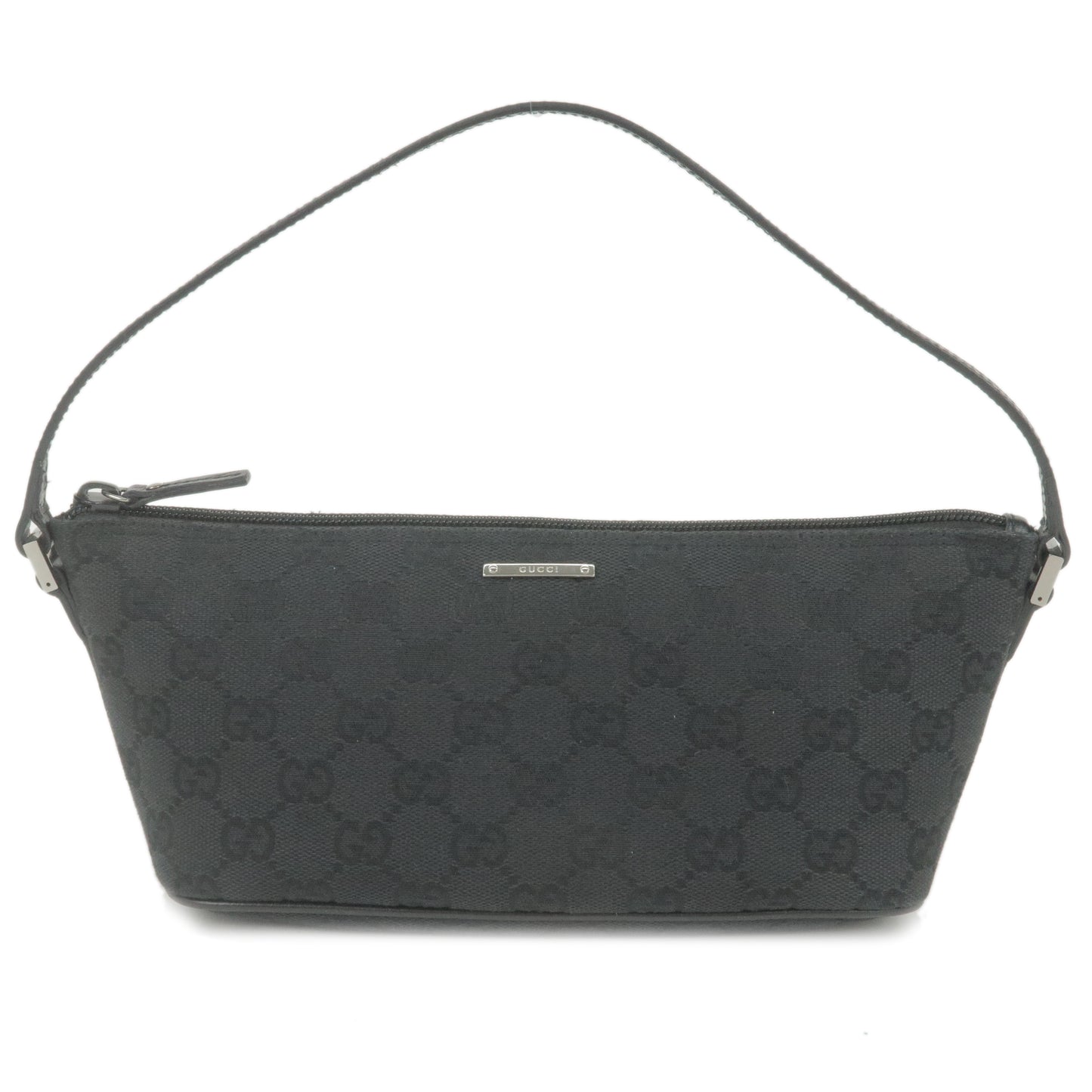 GUCCI-GG-Canvas-Leather-Pouch-Boat-Bag-Hand-Bag-Black-07198