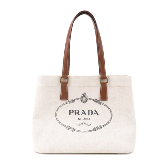 PRADA-Logo-Canvas-Linen-Leather-Tote-Bag-Ivory-Brown-IBG356