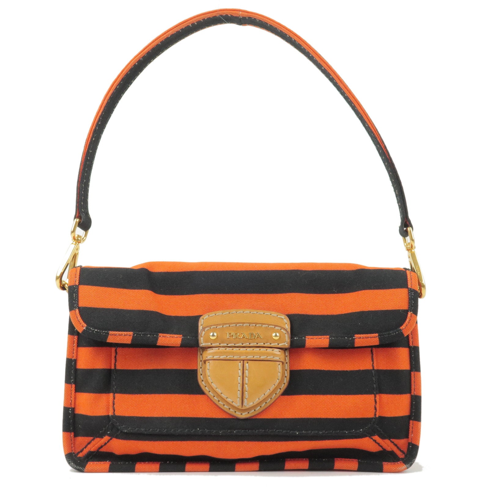 PRADA-Logo-Canvas-Leather-Shoulder-Bag-Hand-Bag-Orange-Black