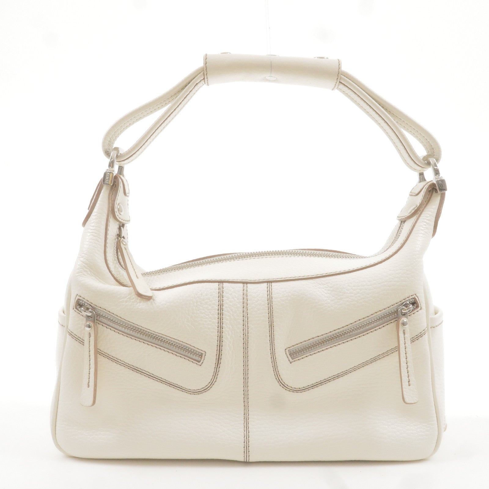 TOD'S Leather Shoulder Hand Bag White Silver Hardware