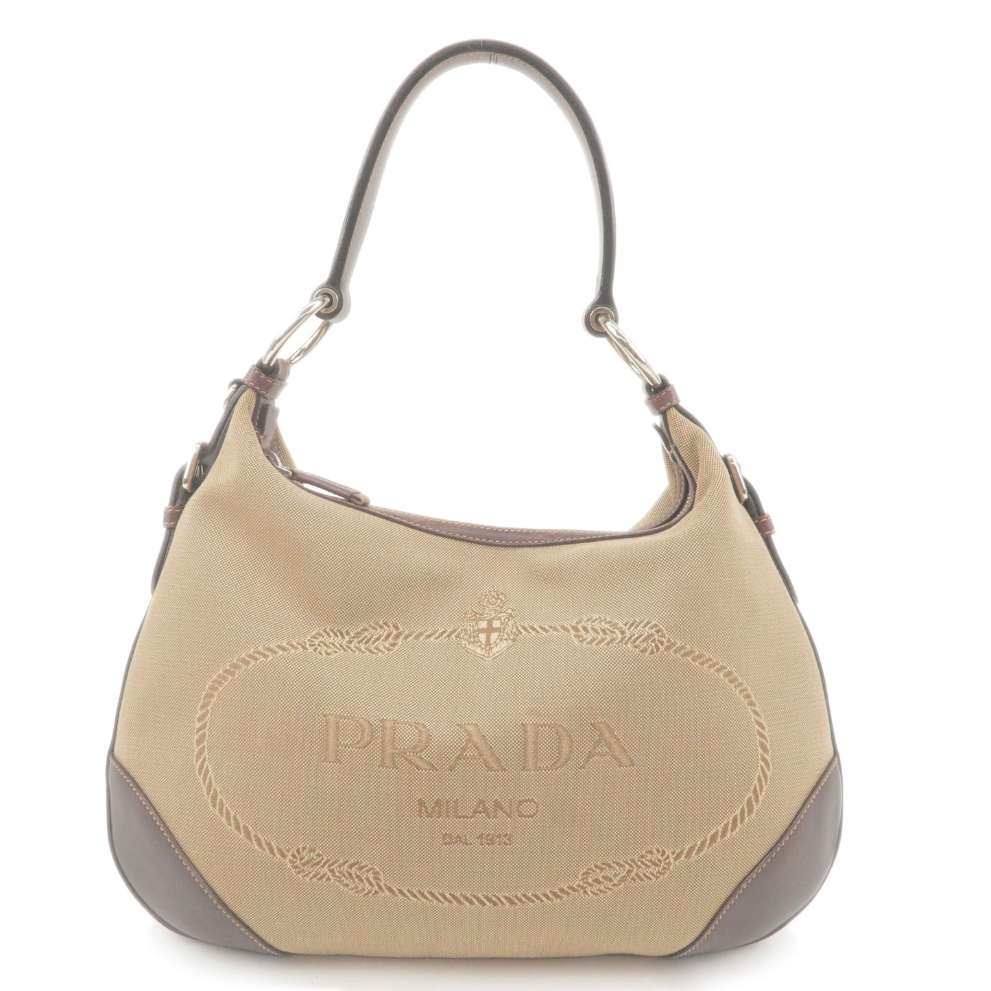 PRADA-Logo-Jacquard-Leather-Shoulder-Bag-Beige-Brown