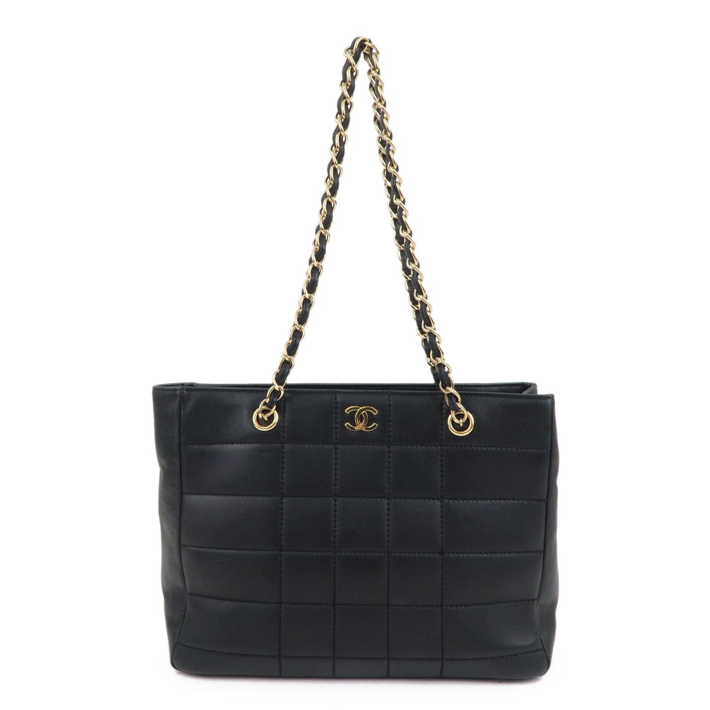 CHANEL-Chocolate-Bar-Lamb-Skin-Chain-Tote-Bag-Black