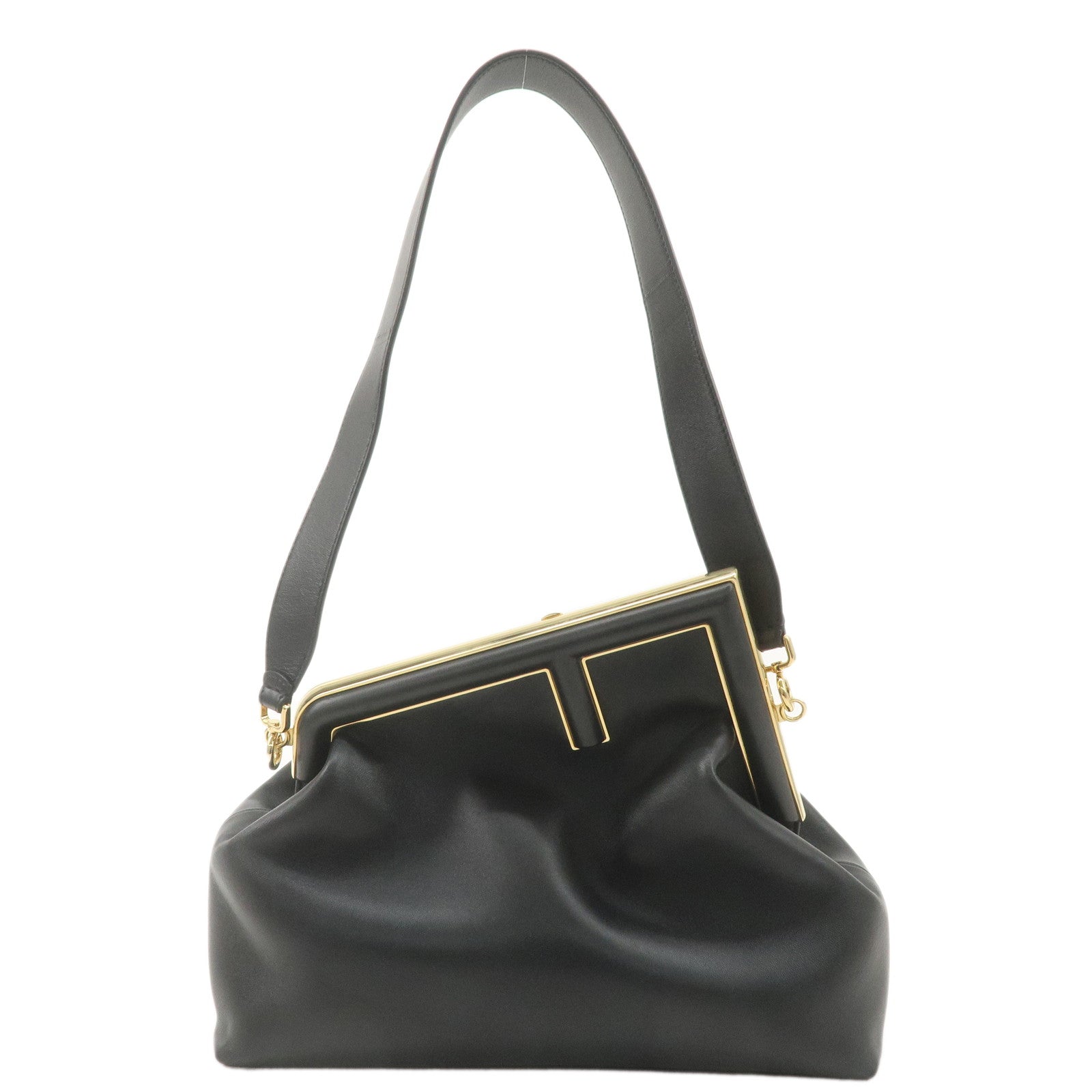 FENDI-Leather-First-Medium-2Way-Clutch-Shoulder-Bag-Black-8BL127