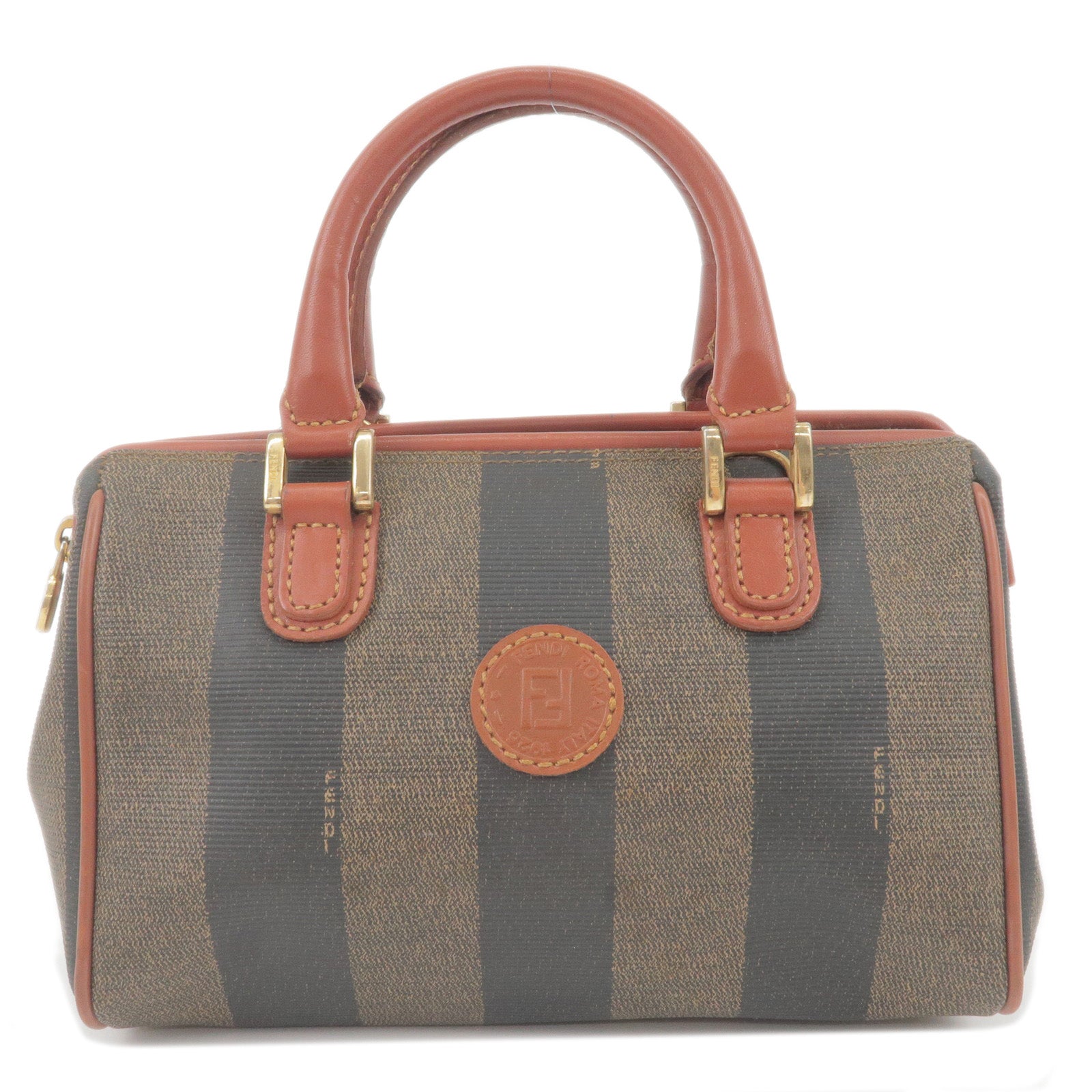 FENDI-Pequin-PVC-Leather-Boston-Bag-Hand-Bag-Khaki-Brown-45970