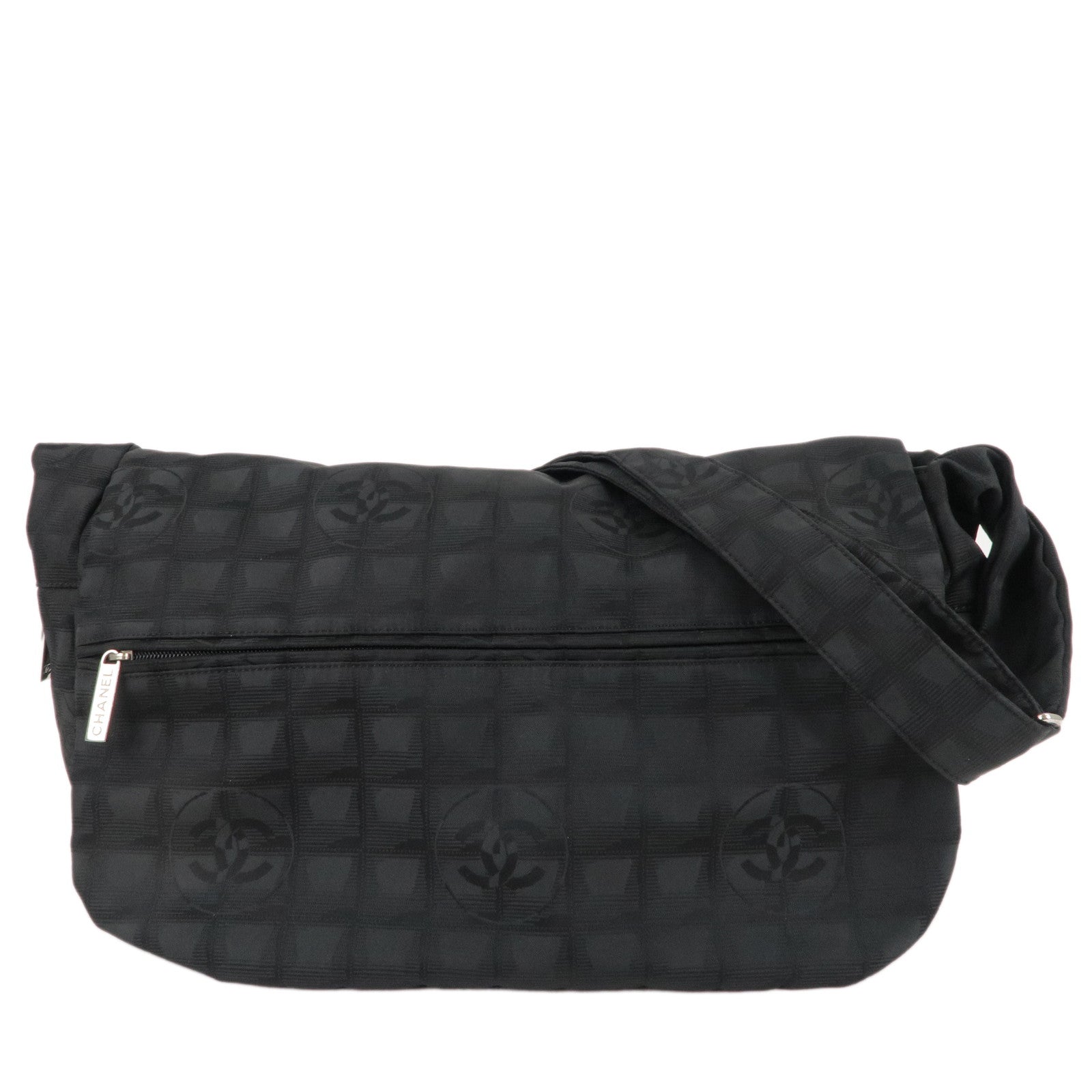 CHANEL-New-Travel-Line-Nylon-Jacquard-Leather-Shoulder-Bag-Black