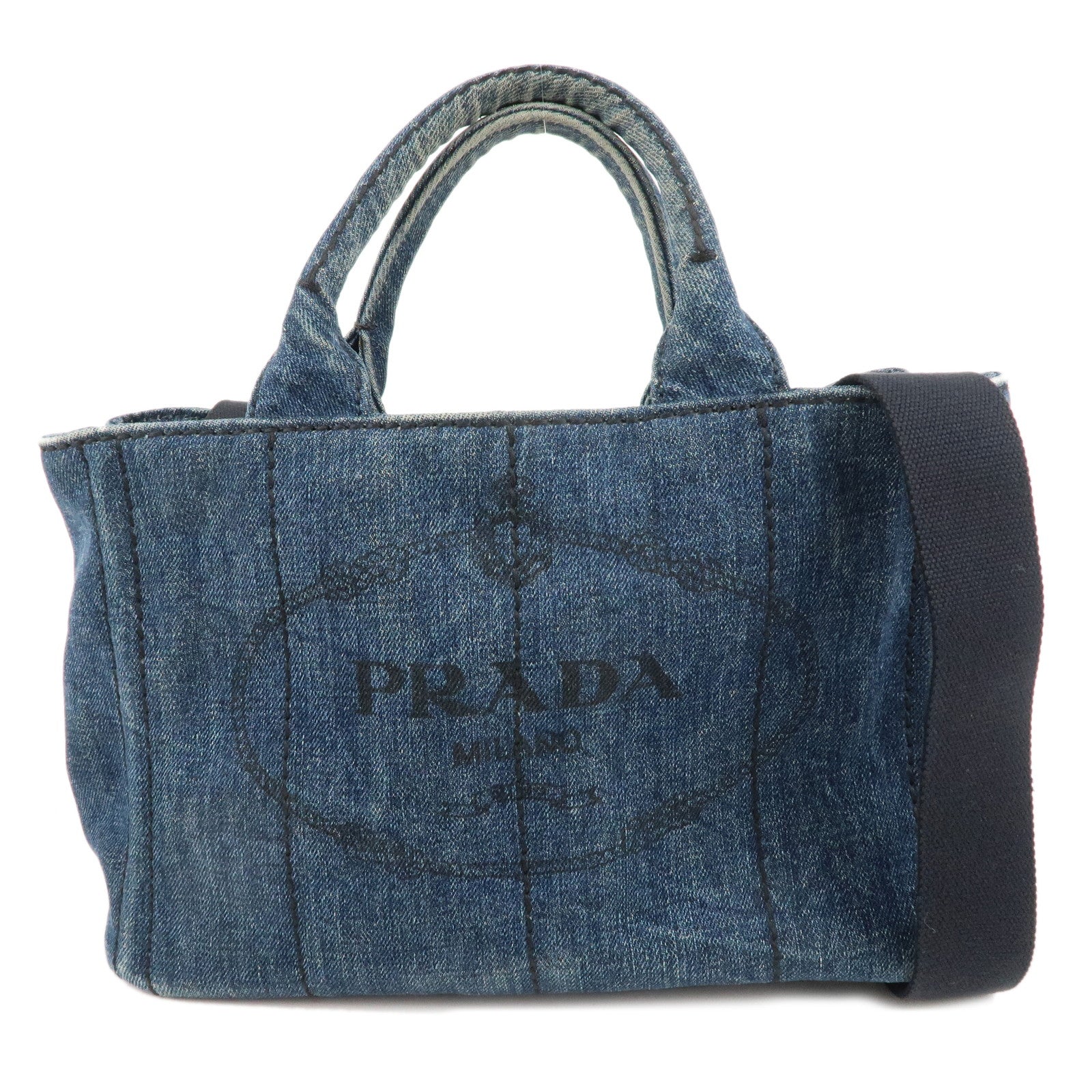 PRADA-Logo-Canapa-Mini-Denim-2Way-Bag-Hand-Bag-Navy-B2439G