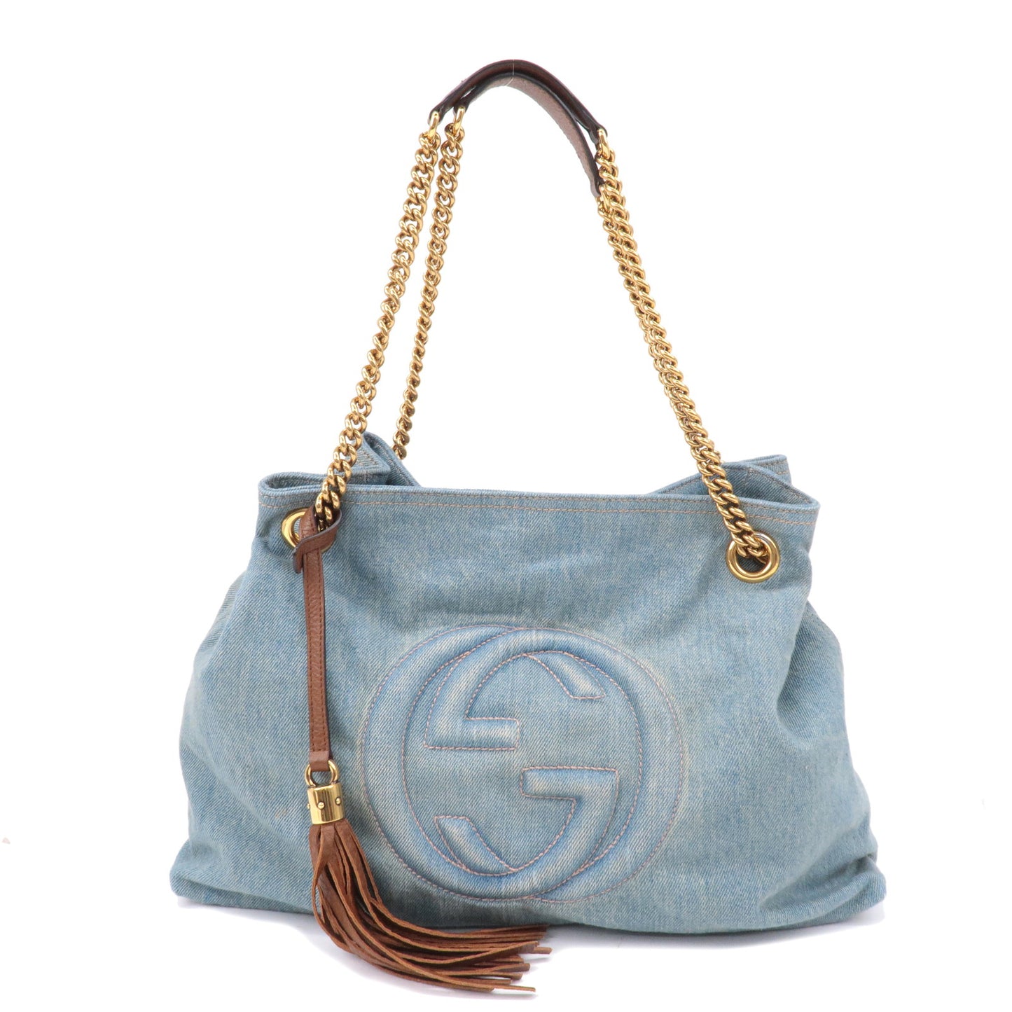 GUCCI SOHO Denim Leather Chain Shoulder Tote Bag Blue 308982