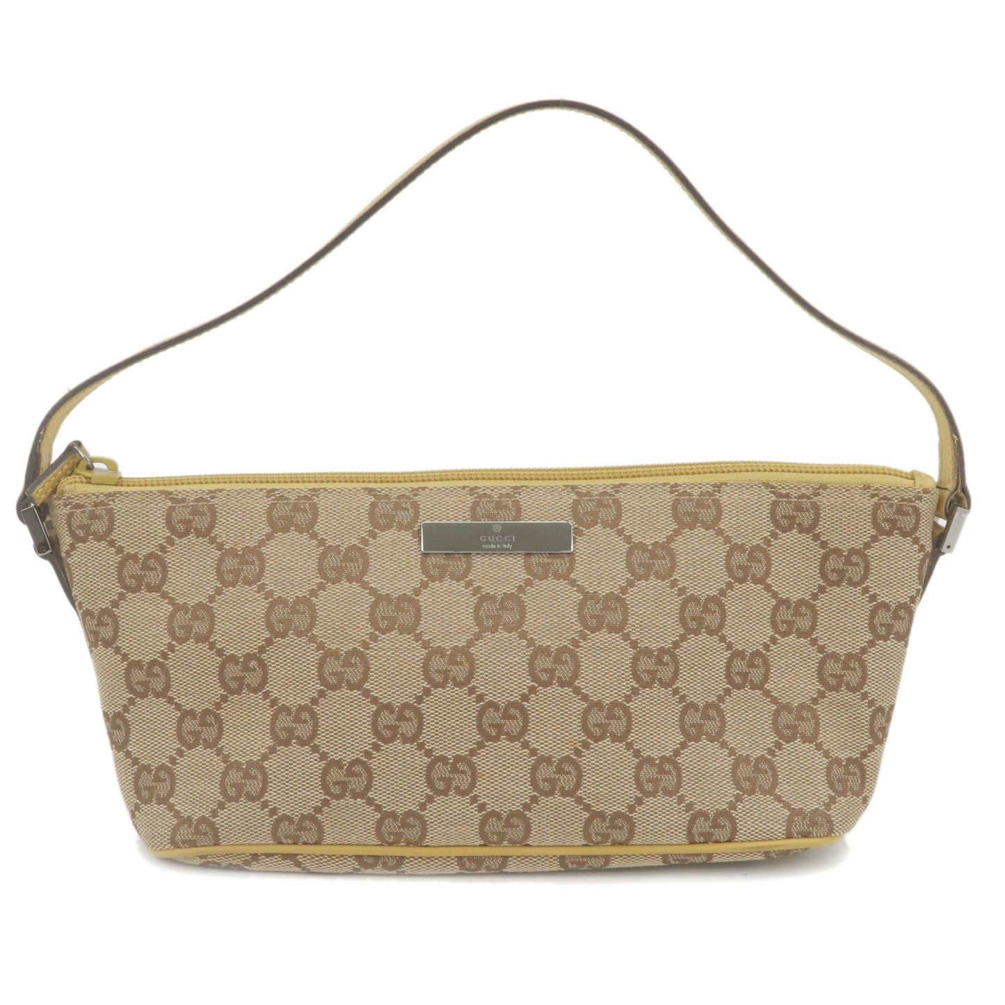 GUCCI-GG-Canvas-Leather-Pouch-Boat-Bag-Brown-Yellow-07198
