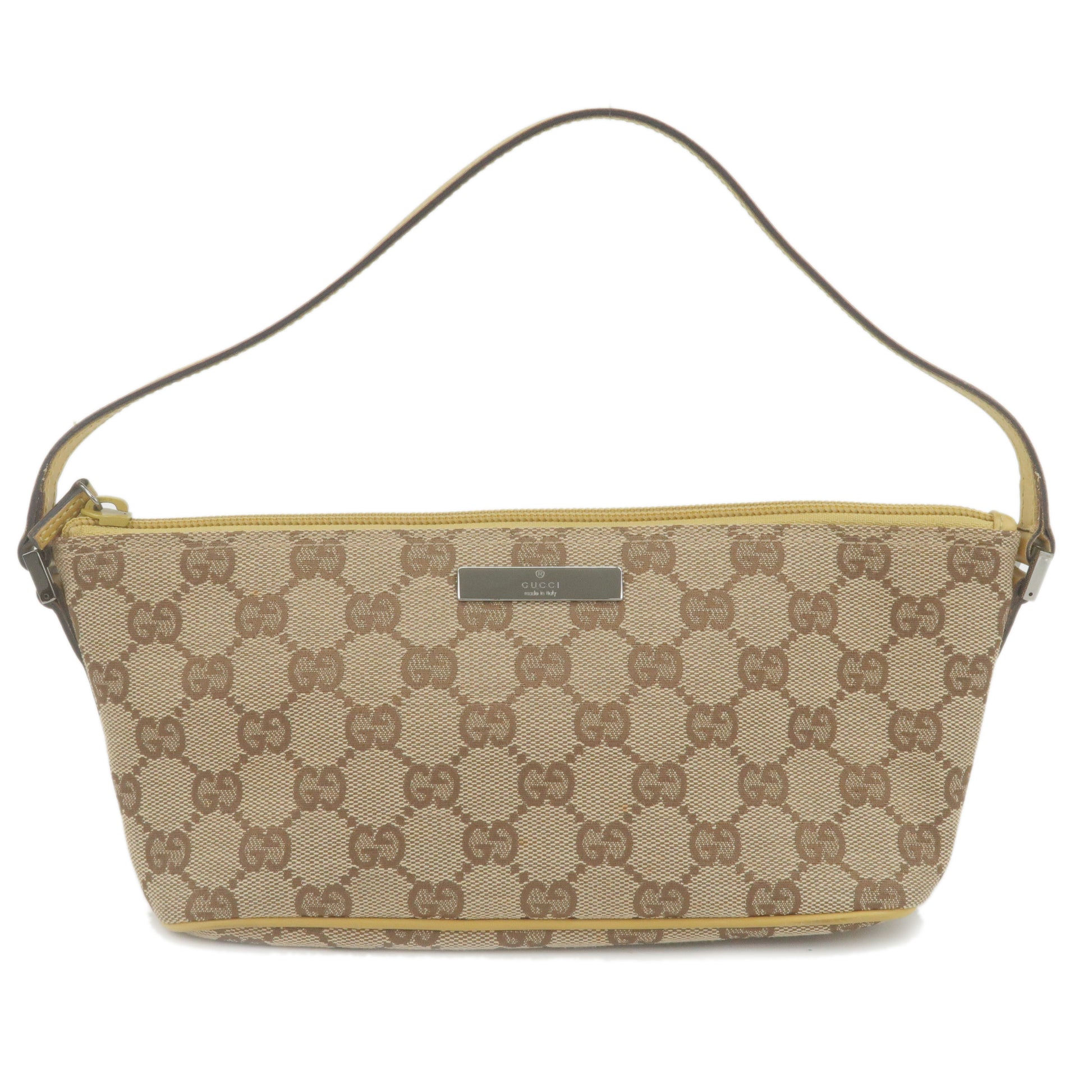 GUCCI-GG-Canvas-Leather-Pouch-Boat-Bag-Brown-Yellow-07198