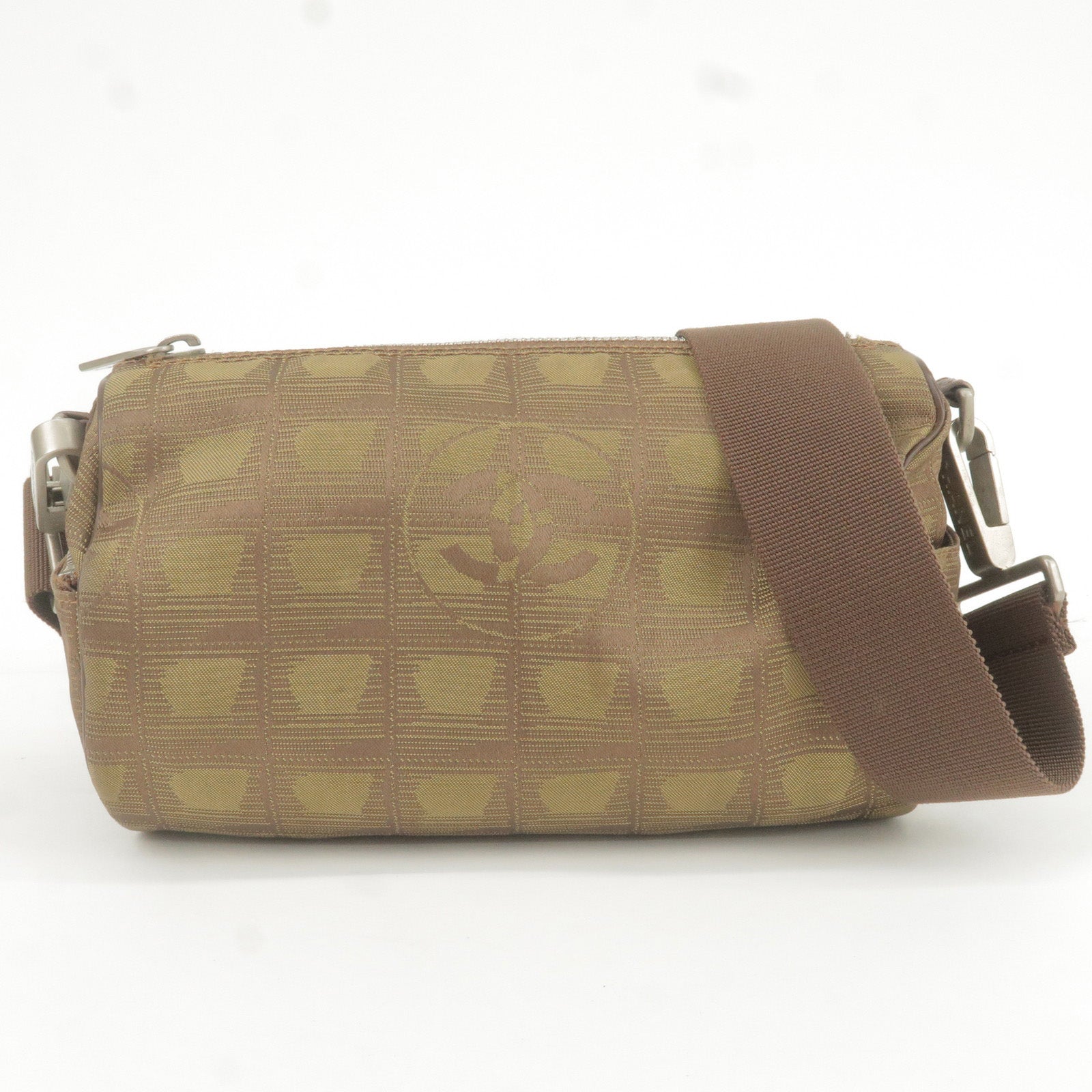 CHANEL-Travel-Line-Nylon-Jacquard-Leather-Mini-Roll-Bag-Khaki