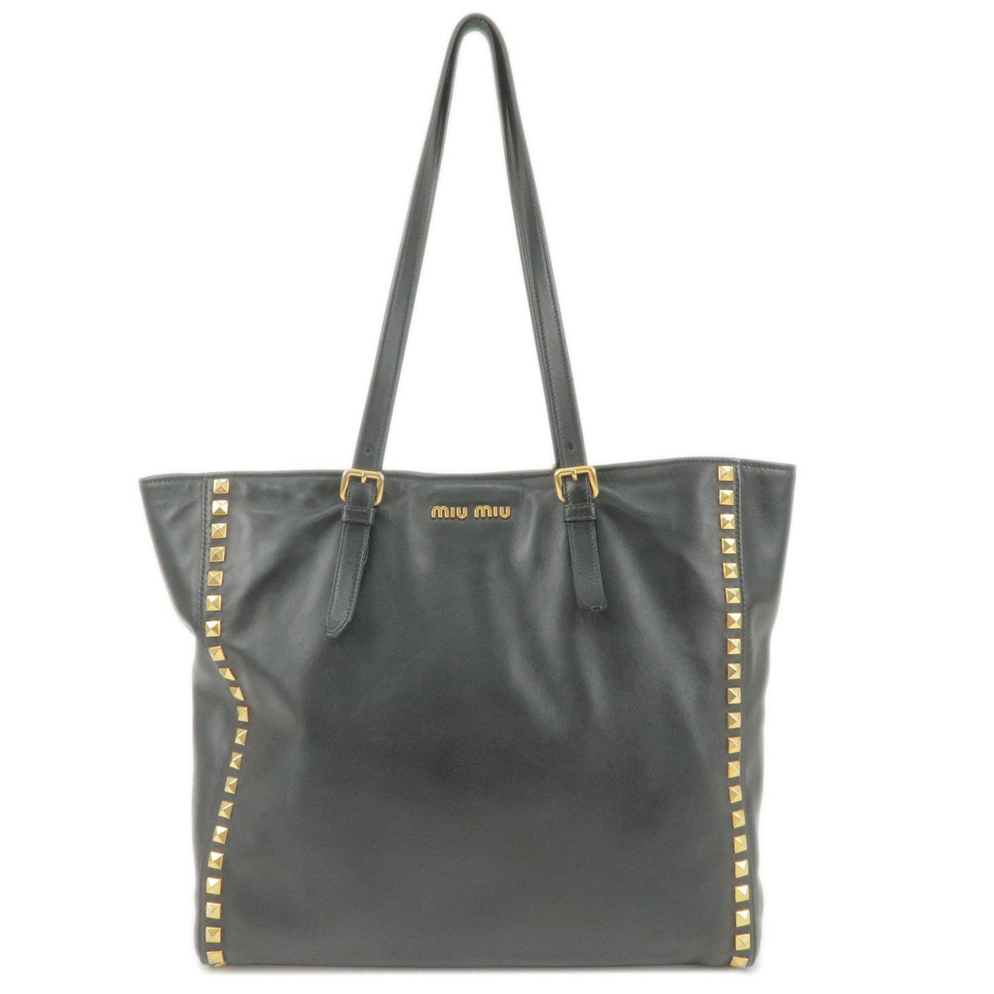 MIU-MIU-Leather-Studs-Tote-Bag-Hand-Bag-Black-RR1906