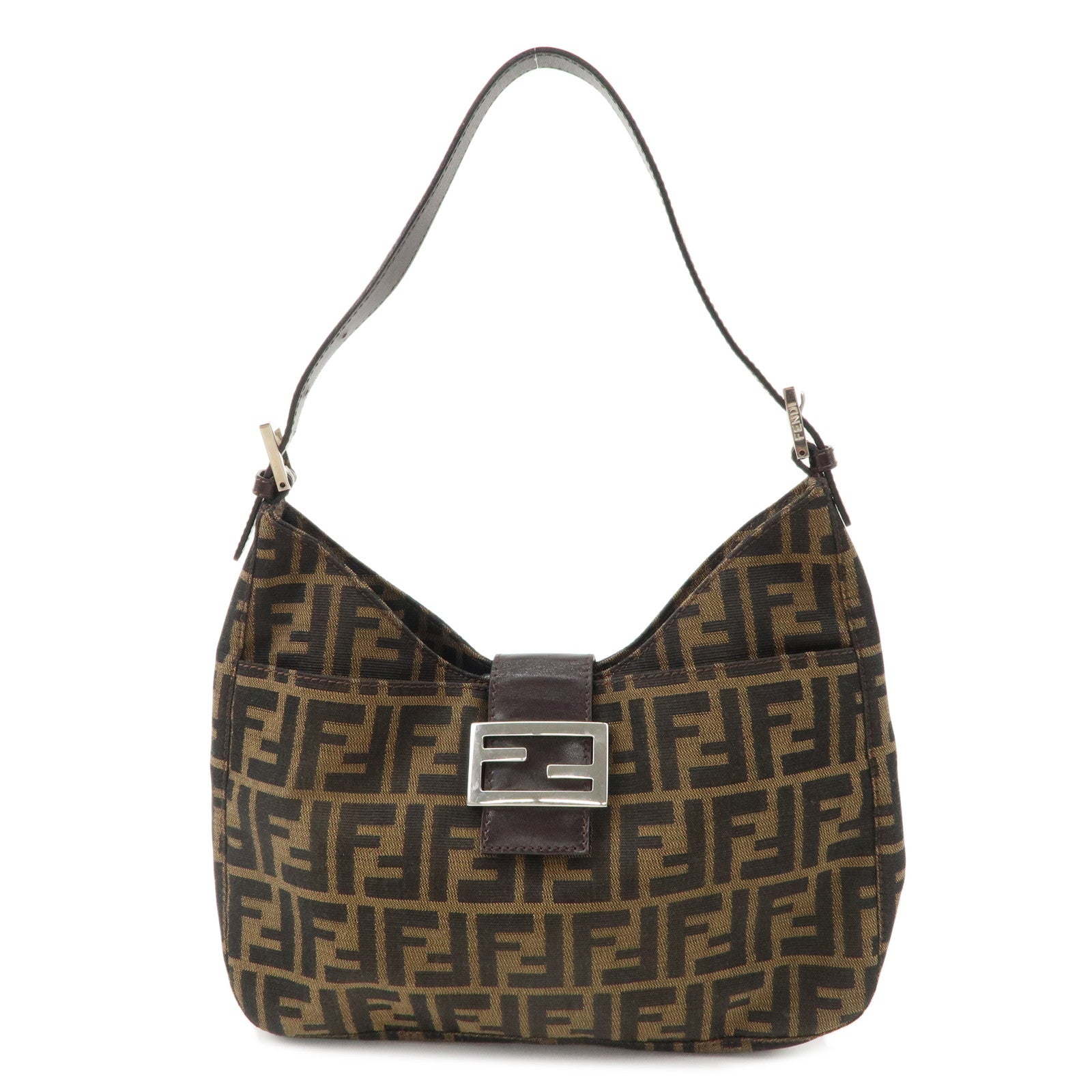 FENDI-Zucca-Canvas-Leather-Shoulder-Bag-Brown-Black-265690